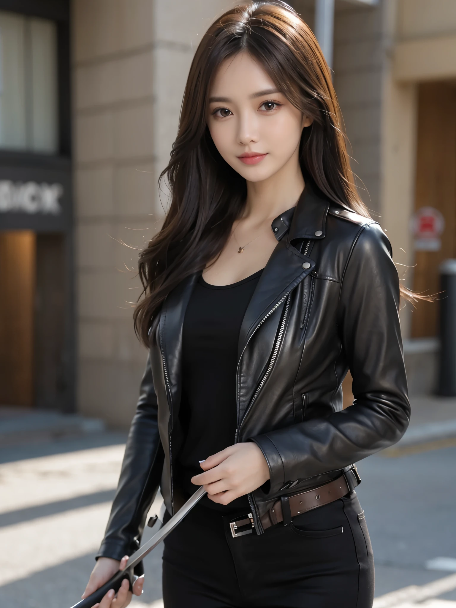 masutepiece, Best Quality, Photorealistic, Ultra-detailed, finely detail, High resolution, 8K Wallpaper, 1 beautiful woman,, light brown messy hair, in a black leather jacket,holding a katana on her hand,sharp focus, Perfect dynamic composition, Beautiful detailed eyes, detailed hairs, Detailed realistic skin texture, Smiling, Model body type,standing on a street,background fire dragon