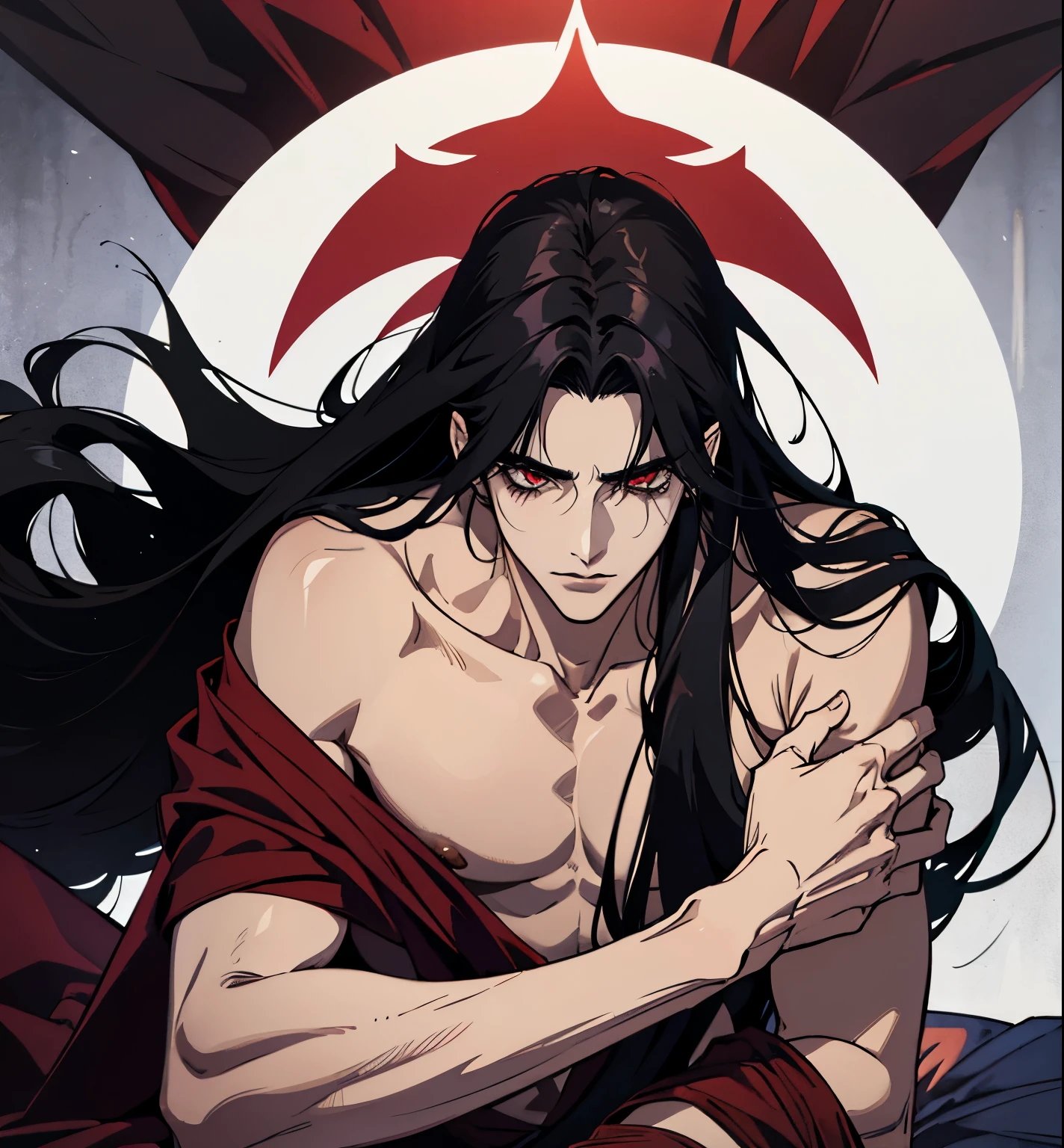 black hair, alucard, full body, 1 beautiful male god of death, detailed anime character art, male vampire of clan banu haqim, l vampire, with his long black hair, androgynous vampire, detailed 25 year old male face, ultra realistic anime, red eyes, no emotions, INTJ, intelligent, sexy, attractive, full body, tongle, no clothes, no shirt, adult content, on the bed