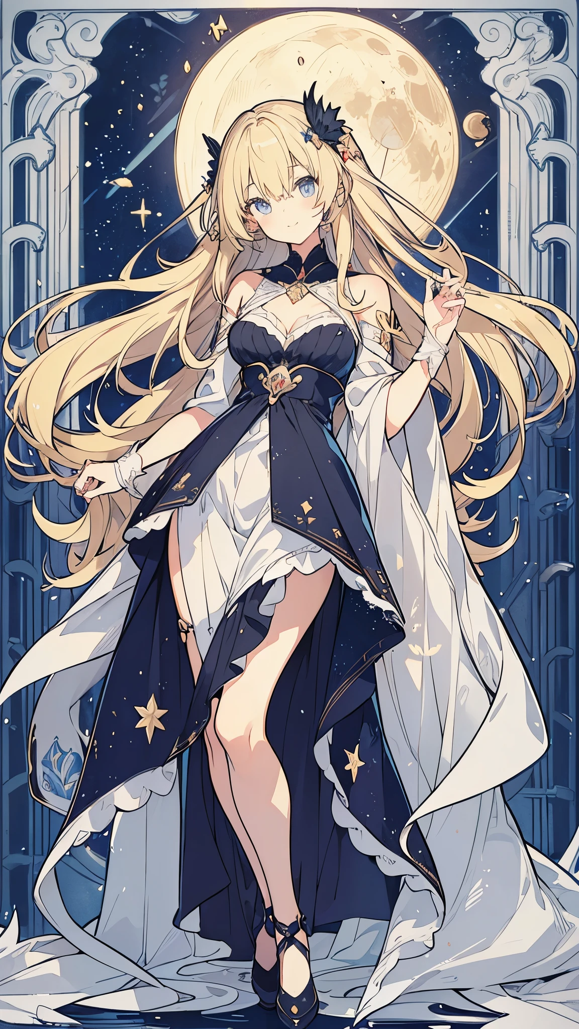 1girl, Anime Illustration, detailiert, beautiful, Anime Kunst, Anime Art, Tarotkarte The Moon, lange Haare, blonde Haare, leuchtende blaue Augen, Above in the background there is a large full moon, langes edles Kleid, dunkelblaues Kleid, smiling, light blush, Silberschmuck, siberner Rand, offene Haare, elegante Pose, Ultra HD 