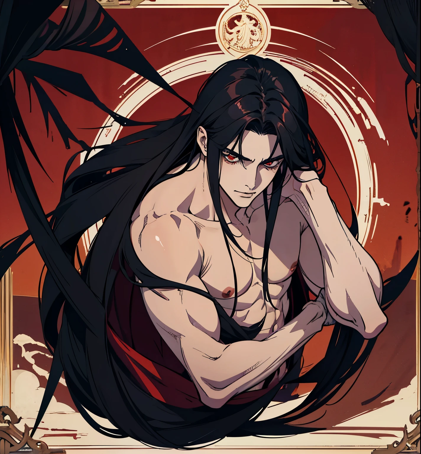 black hair, alucard, full body, 1 beautiful male god of death, detailed anime character art, male vampire of clan banu haqim, l vampire, with his long black hair, androgynous vampire, detailed 25 year old male face, ultra realistic anime, red eyes, no emotions, INTJ, intelligent, sexy, attractive, full body, tongle, no clothes, no shirt, adult content, on the bed