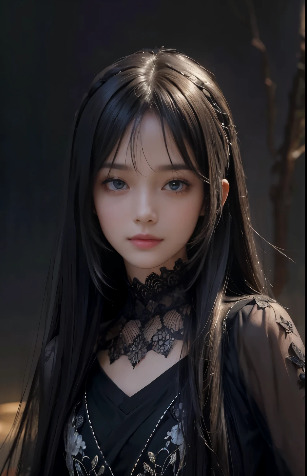 (surreal), (figure), (Improved resolution), (8k), (very detailed), (Best figure), (beautiful and detailed eyes), (highest quality), (super detailed), (masterpiece ), ( wallpaper), (detailed face), alone, 1 girl, looking at the viewer, small details, detailed face, in the dark, deep shadow, discreet key, Pure erotic face ace_v1, smile, long hair, black shawl straight hair , 46 point diagonal bangs