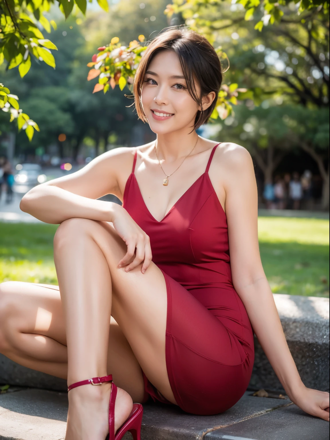 (RAW photo:1.2), (realistic:1.4),beautiful detailed woman,非常にdetailed eyesと顔, detailed eyes, super detailed,High resolution, very detailed,best quality,enlightenment,unified,8k wallpaper,master piece,best quality,1 woman,alone,rich,full body esbian,(A little chubby body type:0.9),Toned figure,There's meat on the legs,slim waist,alone,(Pink dress,temperament one piece,high heels),jewelry necklace short hair,gentle smile,dignified atmosphere,black eye,Realistic,central park , (morning park:1.1)