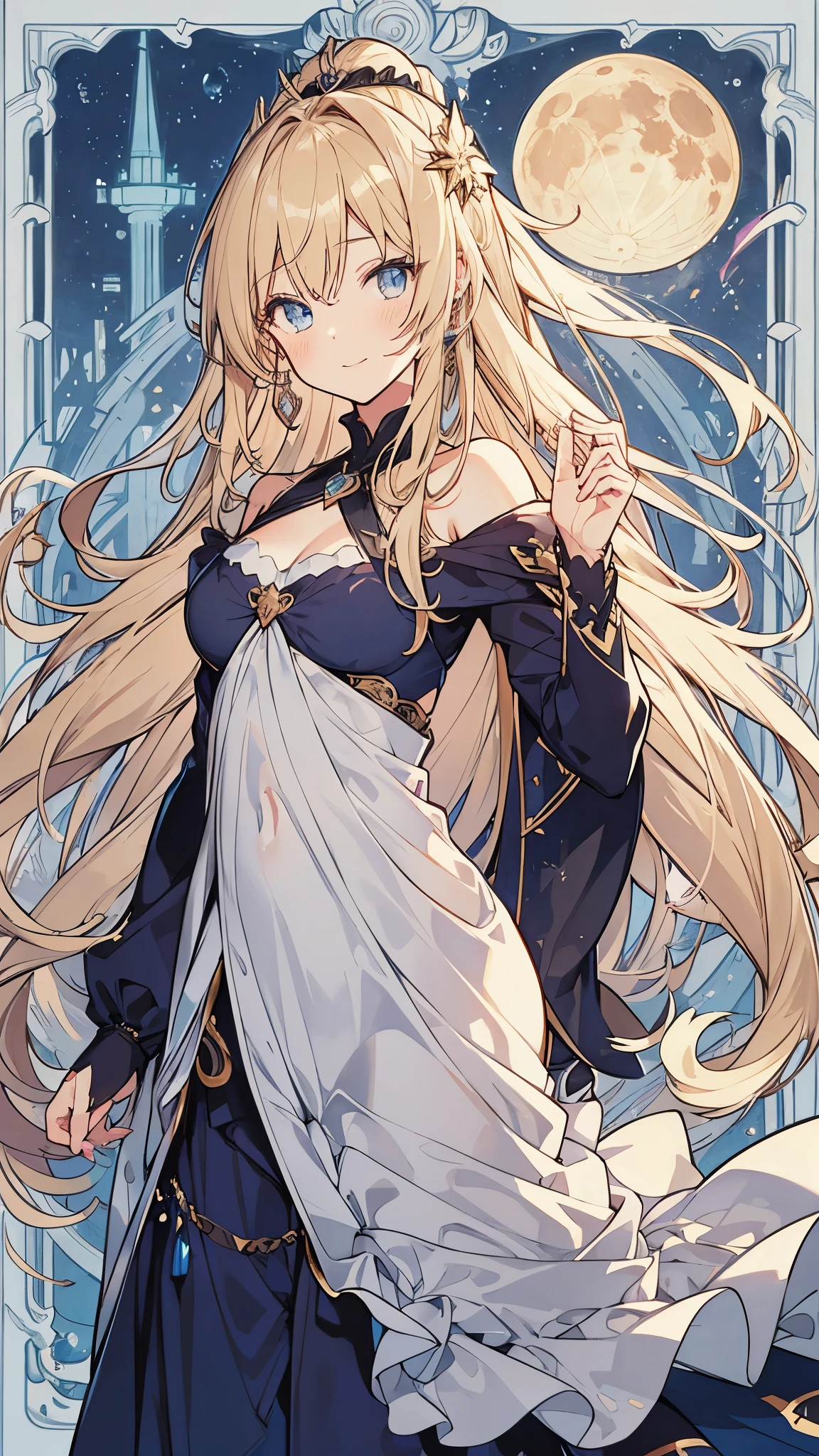 1girl, Anime Illustration, detailiert, beautiful, Anime Kunst, Anime Art, Tarotkarte The Moon, lange Haare, blonde Haare, leuchtende blaue Augen, Above in the background there is a large full moon, langes edles Kleid, dunkelblaues Kleid, smiling, light blush, Silberschmuck, siberner Rand, offene Haare, elegante Pose, Ultra HD