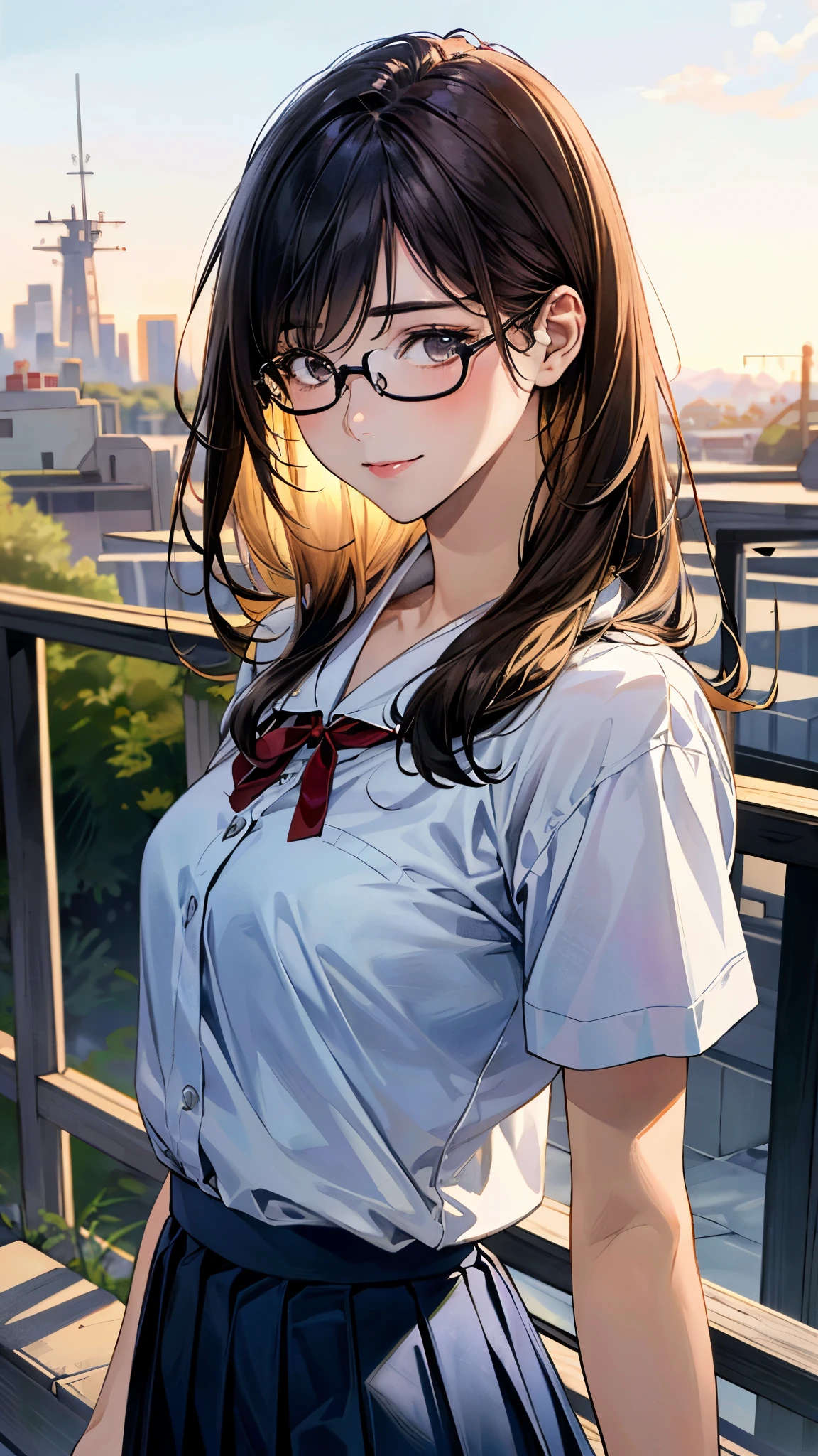 (masterpiece:1.2, top-quality, ultra high res, ultra detailed), (realistic, photorealistic:1.4), beautiful illustration, (natural side lighting, movie lighting),
looking at viewer, (face focus, upper body), 1 girl, japanese, high school dirl, perfect face, (perfect anatomy), cute and symmetrical face, baby face, shiny skin, slender
(long hair:1.5, straight hair:1.2, sark brown hair), hair pulled back, grey eyes, long eye lasher, (medium breasts),
beautiful hair, beautiful face, beautiful detailed eyes, beautiful clavicle, beautiful body, beautiful chest, beautiful thigh, beautiful legs,
((detailed cloth texture, short sleeve white collared shirts, navy blue pleated mini skirt, red neck ribbon), black-rimmed glasses), ,
(beautiful scenery), evening, IvoryGoldAI, (outdoors, cityscape in the distance), walking, (lovely smile, upper eyes),