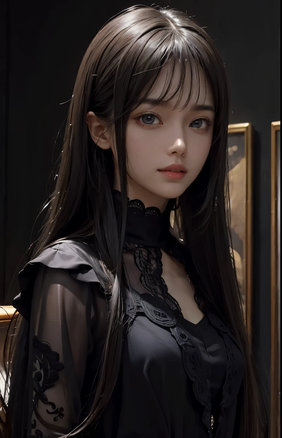 (surreal), (figure), (Improved resolution), (8k), (very detailed), (Best figure), (beautiful and detailed eyes), (highest quality), (super detailed), (masterpiece ), ( wallpaper), (detailed face), alone, 1 girl, looking at the viewer, small details, detailed face, in the dark, deep shadow, discreet key, Pure erotic face ace_v1, smile, long hair, black shawl straight hair , 46 point diagonal bangs