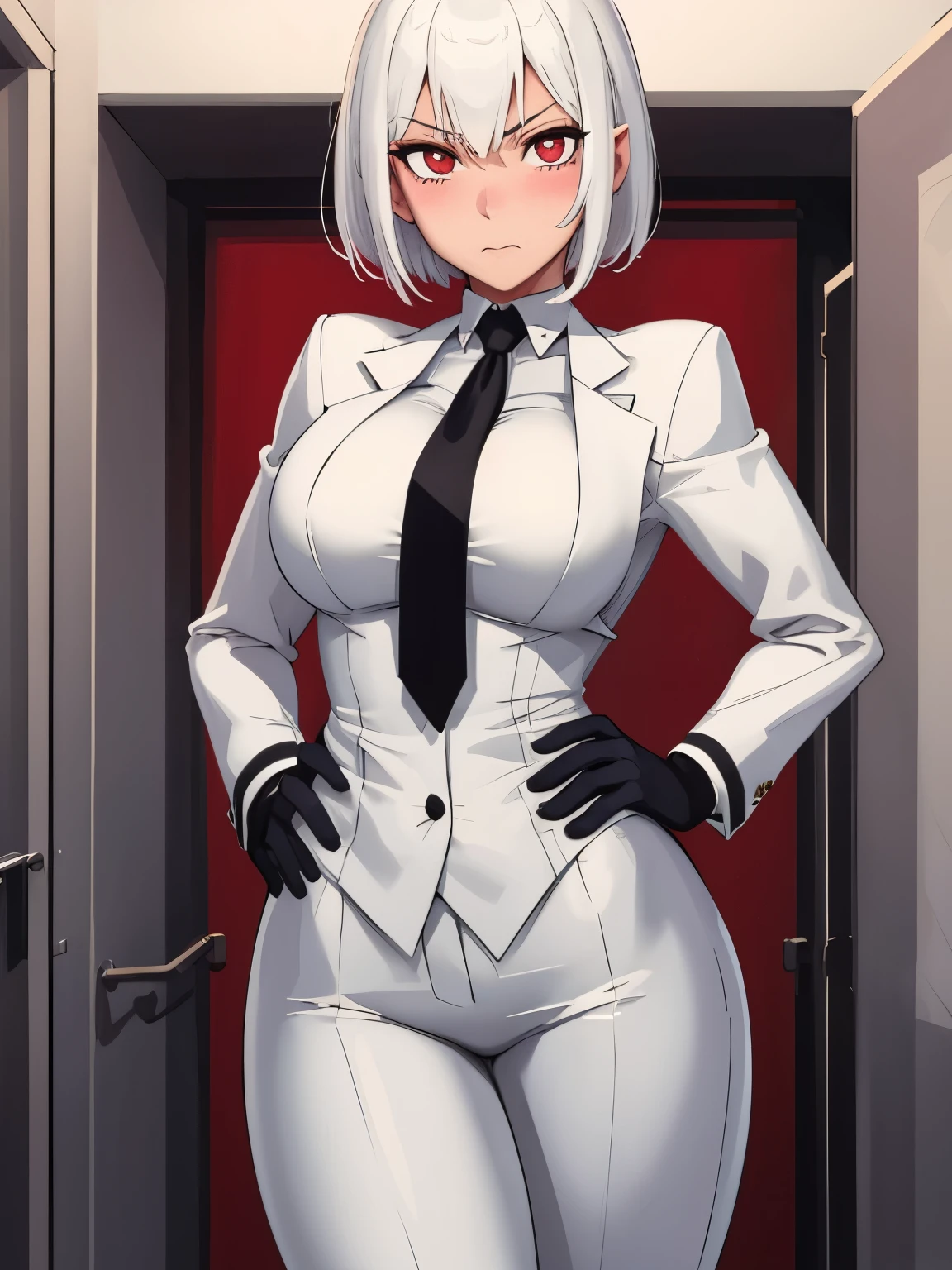 (masterpiece, best quality:1.2), aka6, 1girl, solo, short hair, white hair, red eyes, blushing, tomboy, closed mouth, breasts, dark elf, business suit, necktie, looking at viewer, cowboy shot