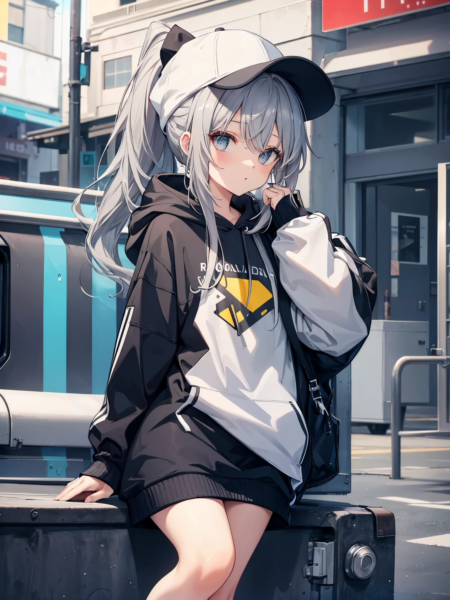 １people girl,gray hair,hat,Two dimensions,hoodie,sitting,ponytail,background white,
