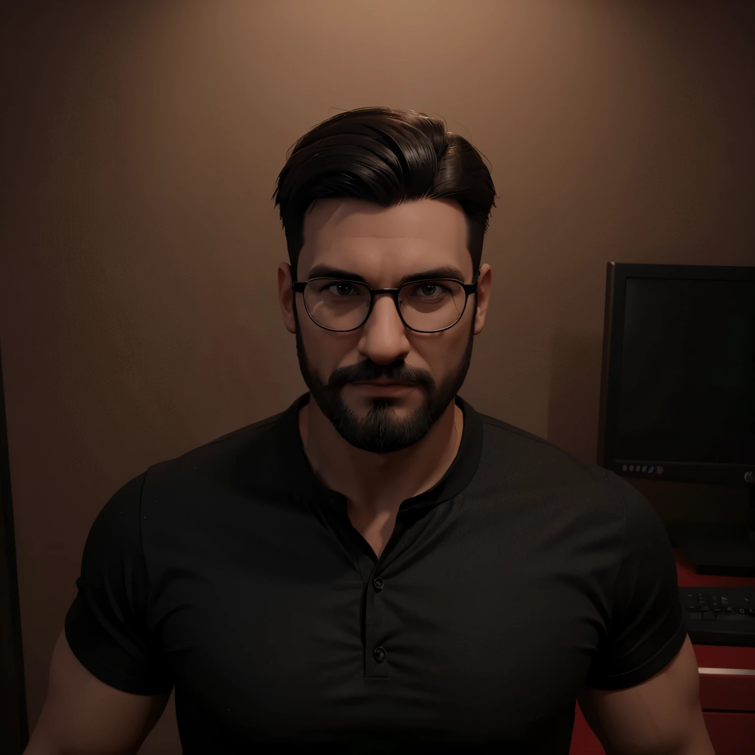 Cartoon character of a man in black glasses and red shirt with black collar, com barba, animation character, Caractere estilizado, animation style rendering, 3D estilizado, Arnold Maya rendering, Stylized 3D rendering, toon render screenshot, Personagem 3D, modern pharmacy background