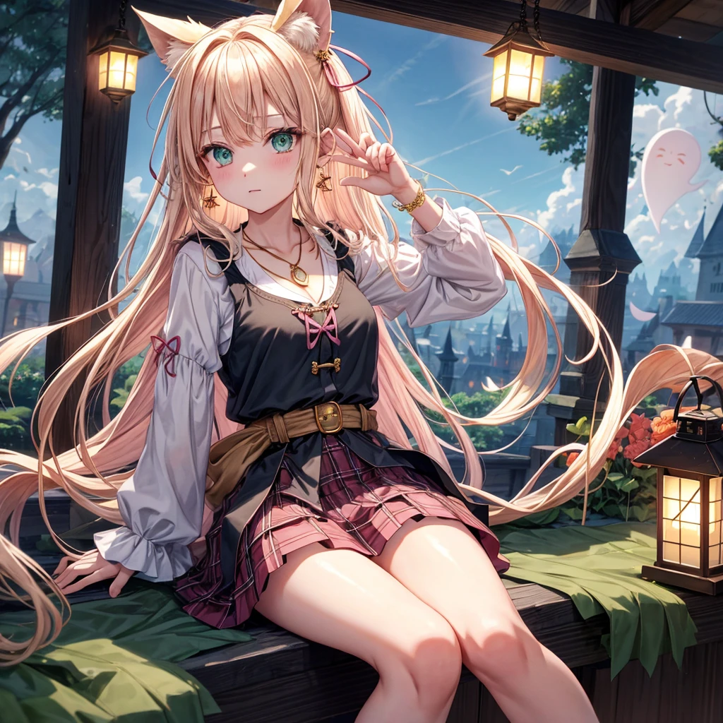 pink blonde、green eyes、one good looking girl、solo、anime、plaid mini skirt、the skirt has buttons、black camisole、black t-shirt、dress、wearing a ribbon、ribbon at waist、cloak、hood、clouds are swirling、stone slabs are piled up、one hand raised、crystal earrings、vegetable garden、monster castle、ceiling、golden key、jewelry necklace、Light and shadow、window、Hundreds of Ghosts at Night、lantern、sitting、legs crossed