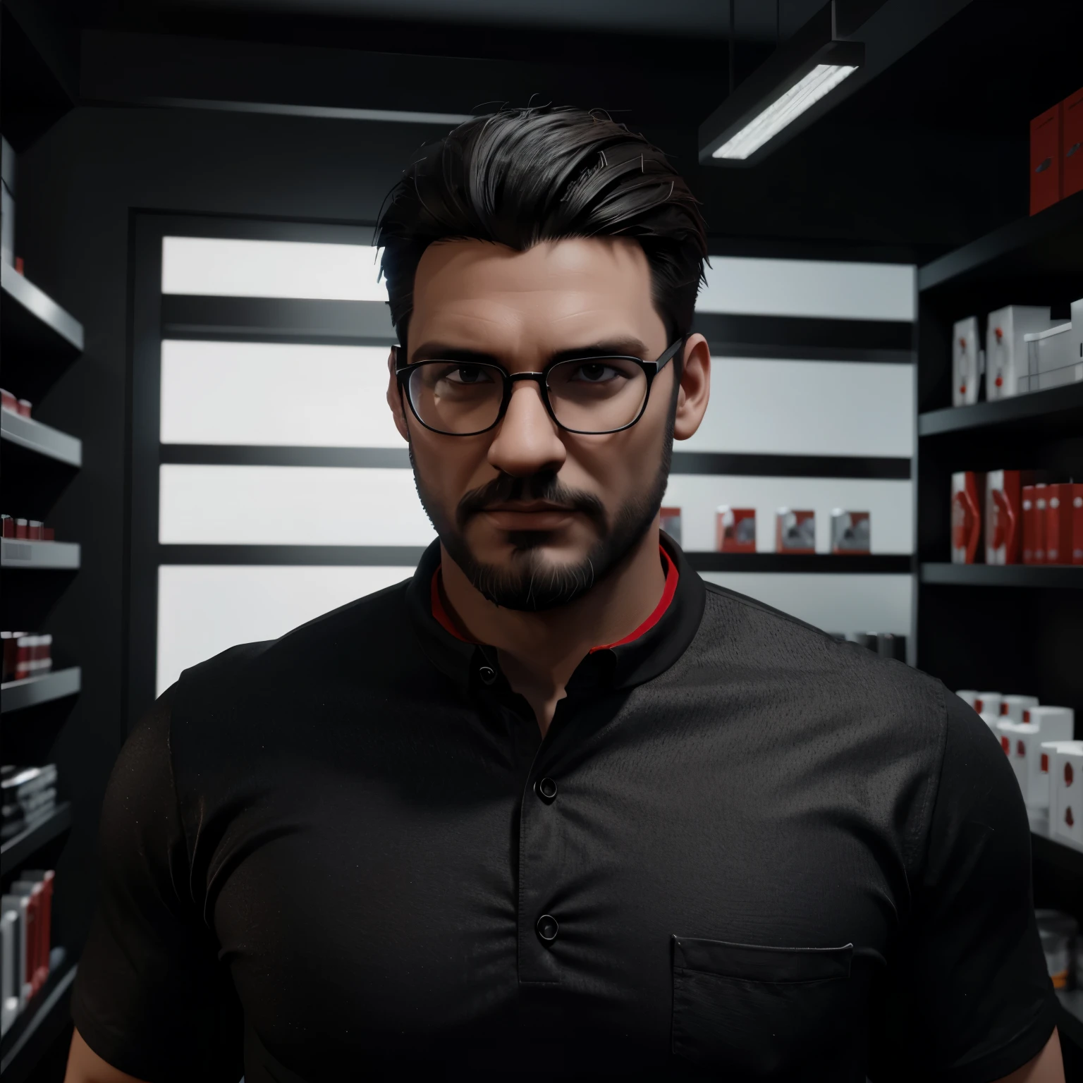Cartoon character of a man in black glasses and red shirt with black collar, com barba, animation character, Caractere estilizado, animation style rendering, 3D estilizado, Arnold Maya rendering, Stylized 3D rendering, toon render screenshot, Personagem 3D, modern pharmacy background