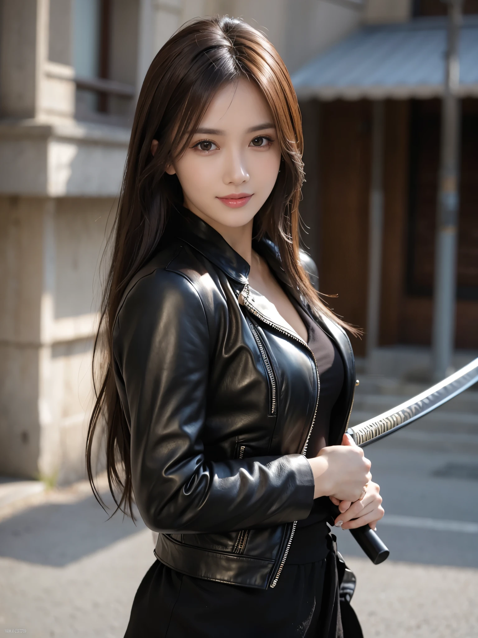 masutepiece, Best Quality, Photorealistic, Ultra-detailed, finely detail, High resolution, 8K Wallpaper, 1 beautiful woman,, light brown messy hair, in a black leather jacket,holding a katana on her hand,sharp focus, Perfect dynamic composition, Beautiful detailed eyes, detailed hairs, Detailed realistic skin texture, Smiling, Model body type,standing on a street,background fire dragon