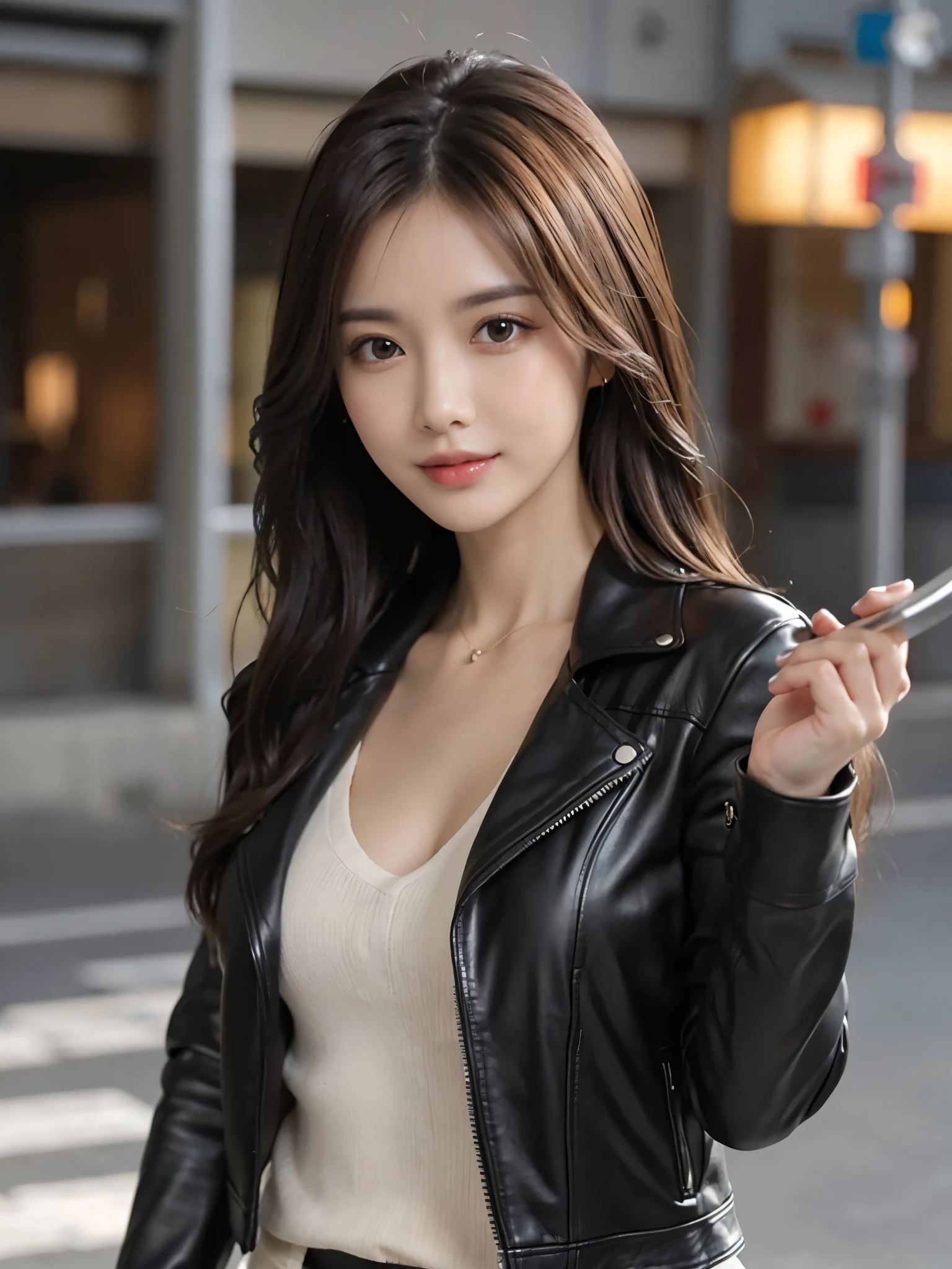 masutepiece, Best Quality, Photorealistic, Ultra-detailed, finely detail, High resolution, 8K Wallpaper, 1 beautiful woman,, light brown messy hair, in a black leather jacket,holding a katana on her hand,sharp focus, Perfect dynamic composition, Beautiful detailed eyes, detailed hairs, Detailed realistic skin texture, Smiling, Model body type,standing on a street,background fire dragon