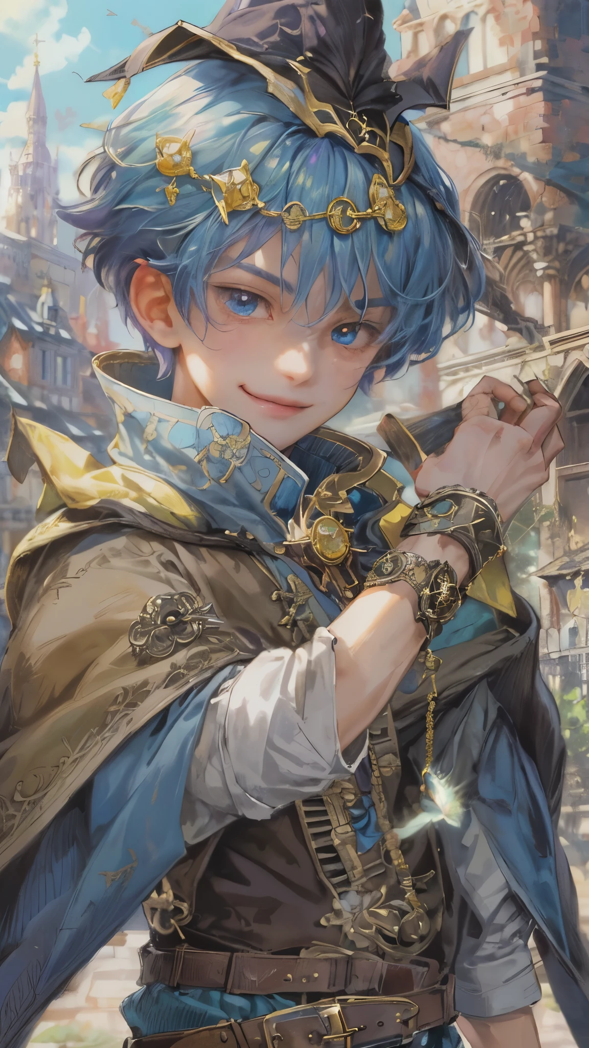 ((absurdres, highres, ultra detailed), 1 boy, young boy, handsome boy villain character from witch academia, detailed hair with detailed headgear ornaments, detailed short hair, anime eyes, bangs, detailed mage clothes with brown cape with little purple details showing, showing chest on creases, crop top, finely detailed eyes red details showing and detailed face, smirk, dimples, extremely detailed CG unity 8k wallpaper, blue details on side, intricate details yellow details on left, portrait, ruin of pink roses, market theme, showing lot of skin, from below, 1:1 , eyes on viewer, detailed houses town scenery background
