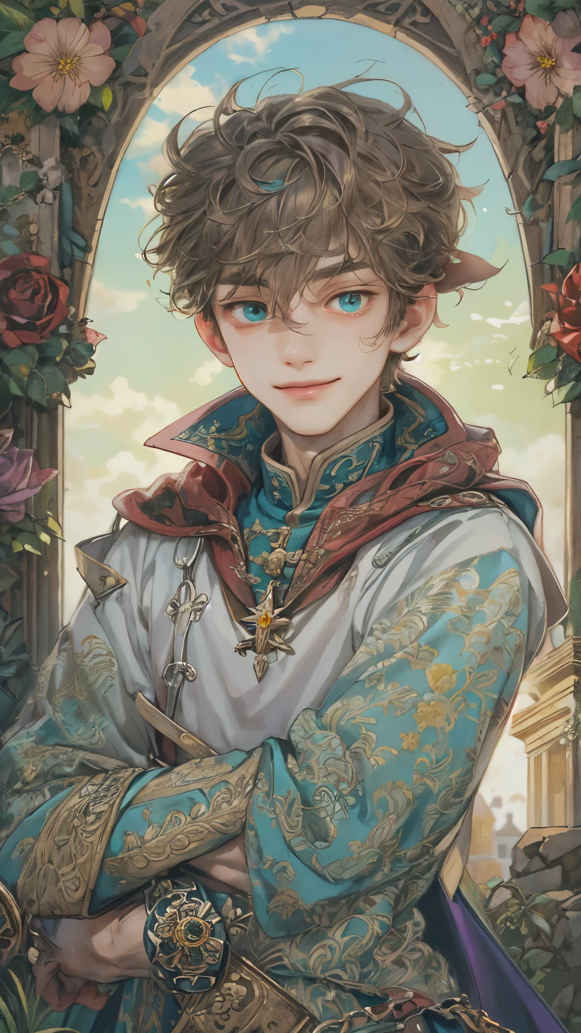 ((absurdres, highres, ultra detailed), 1 boy, young boy, handsome boy villain character from witch academia, detailed hair with detailed headgear ornaments, detailed short hair, anime eyes, bangs, detailed mage clothes with brown cape with little purple details showing, showing chest on creases, crop top, finely detailed eyes red details showing and detailed face, smirk, dimples, extremely detailed CG unity 8k wallpaper, blue details on side, intricate details yellow details on left, portrait, ruin of pink roses, market theme, showing lot of skin, from below, 1:1 , eyes on viewer, detailed houses town scenery background