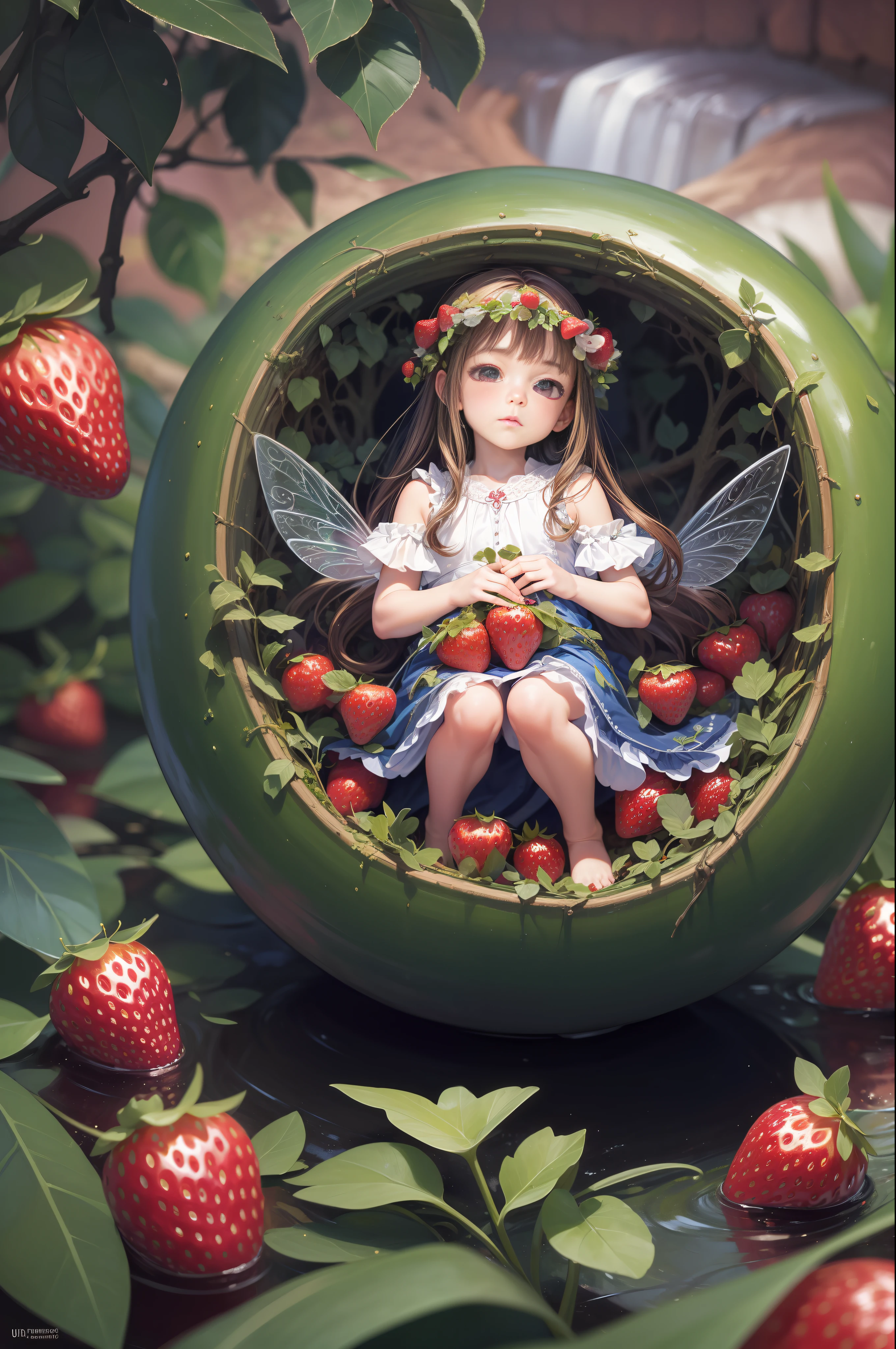 ( Absurd, High quality, ultra-detailed, masterpiece, concept art, smooth, highly detailed artwork, hyper-realistic painting ) , tiny , Strawberry girl, Strawberries, transparent fairy wings, cute, fairytale, Romantic, Vivid, whole body, waterfall, brightness