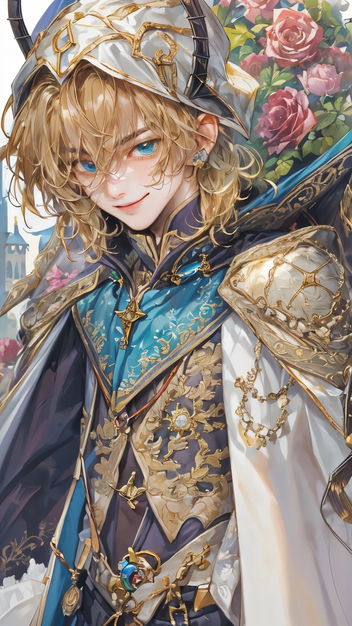 ((absurdres, highres, ultra detailed), 1 boy, young boy, handsome boy villain character from Pretty Cure, male version, detailed hair with detailed headgear ornaments, detailed short hair, anime eyes, bangs, detailed mage clothes with brown cape with little purple details showing, showing chest on creases, crop top, finely detailed eyes red details showing and detailed face, smirk, dimples, extremely detailed CG unity 8k wallpaper, blue details on side, intricate details yellow details on left, portrait, ruin of pink roses, market theme, showing lot of skin, from below, 1:1 , eyes on viewer, detailed houses town scenery background