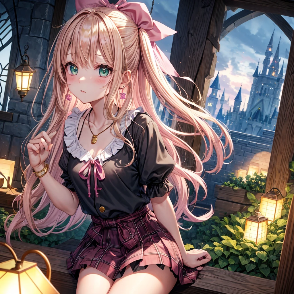 pink blonde、green eyes、one good looking girl、solo、anime、plaid mini skirt、the skirt has buttons、black camisole、black t-shirt、dress、wearing a ribbon、ribbon at waist、cloak、hood、clouds are swirling、stone slabs are piled up、one hand raised、crystal earrings、vegetable garden、monster castle、ceiling、golden key、jewelry necklace、Light and shadow、window、Hundreds of Ghosts at Night、lantern、sitting、legs crossed