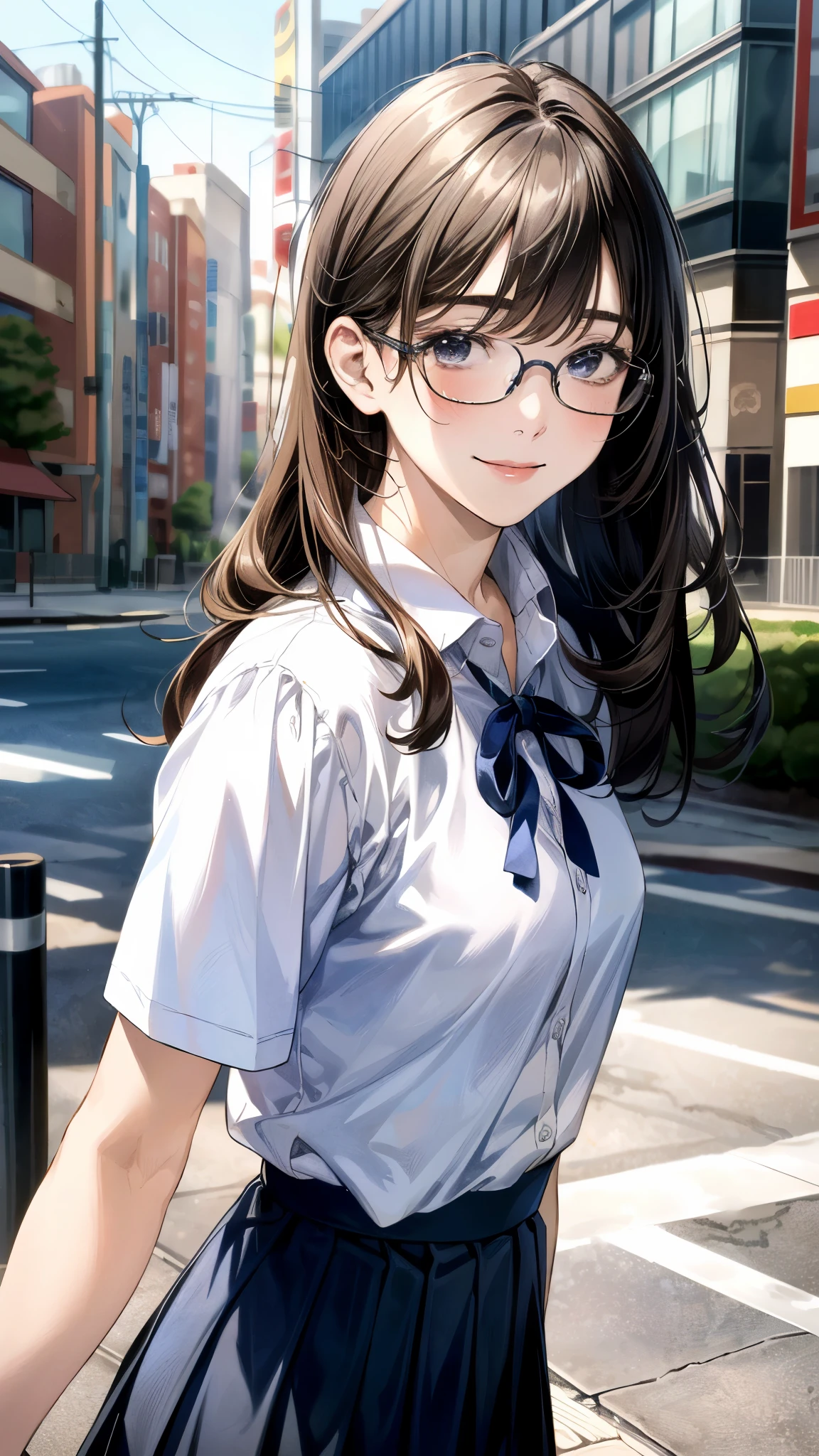 (masterpiece:1.2, top-quality, ultra high res, ultra detailed), (realistic, photorealistic:1.4), beautiful illustration, (natural side lighting, movie lighting),
looking at viewer, (face focus, upper body), 1 girl, japanese, high school dirl, perfect face, (perfect anatomy), cute and symmetrical face, baby face, shiny skin, slender
(long hair:1.5, straight hair:1.2, sark brown hair), hair pulled back, grey eyes, long eye lasher, (medium breasts),
beautiful hair, beautiful face, beautiful detailed eyes, beautiful clavicle, beautiful body, beautiful chest, beautiful thigh, beautiful legs,
((detailed cloth texture, short sleeve white collared shirts, navy blue pleated mini skirt, red neck ribbon), black-rimmed glasses), ,
(beautiful scenery), evening, IvoryGoldAI, (outdoors, cityscape in the distance), hand on own chin, (lovely smile, upper eyes),