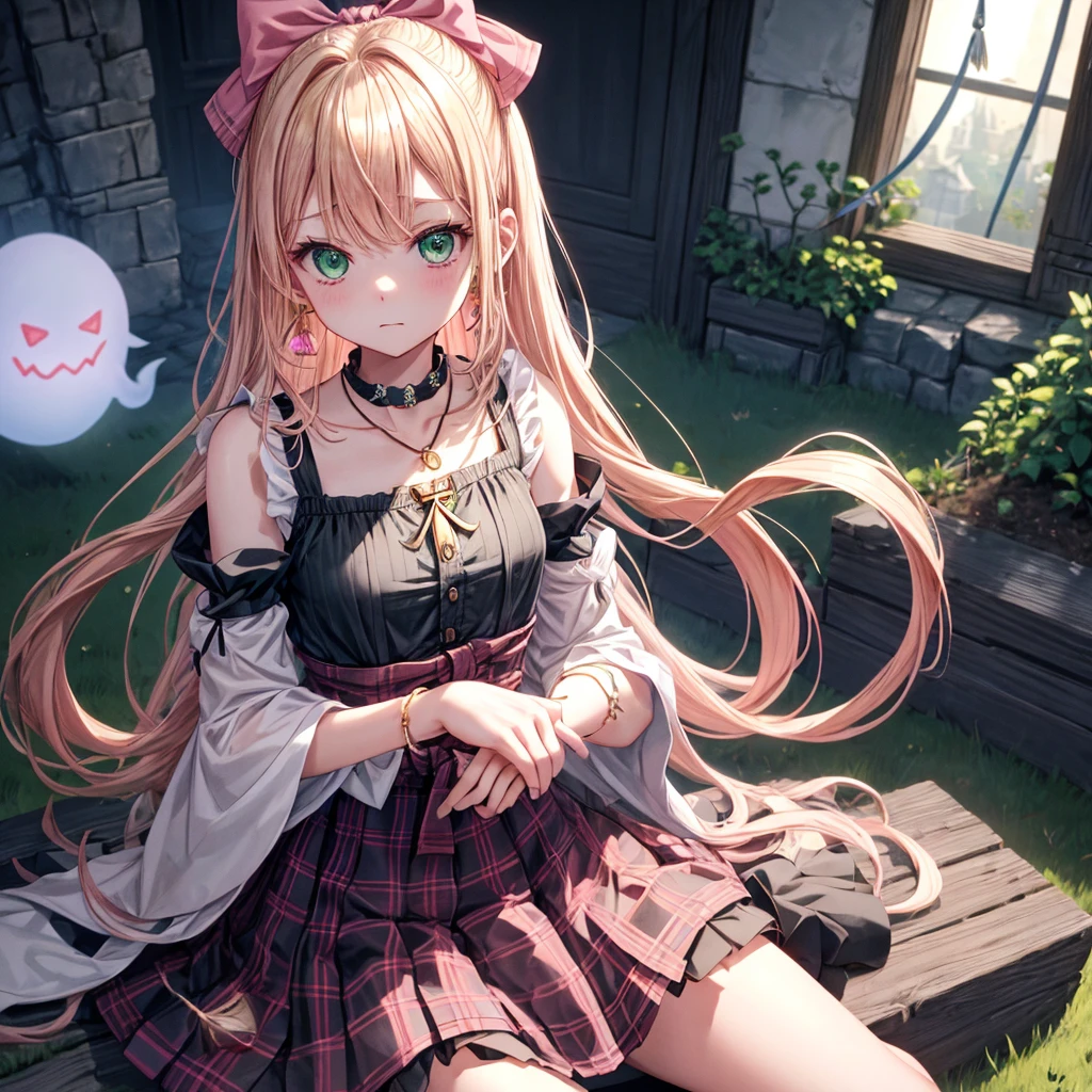 pink blonde、green eyes、one good looking girl、solo、anime、plaid mini skirt、the skirt has buttons、black camisole、black t-shirt、dress、wearing a ribbon、ribbon at waist、cloak、hood、clouds are swirling、stone slabs are piled up、one hand raised、crystal earrings、vegetable garden、monster castle、ceiling、golden key、jewelry necklace、Light and shadow、window、Hundreds of Ghosts at Night、lantern、sitting、legs crossed