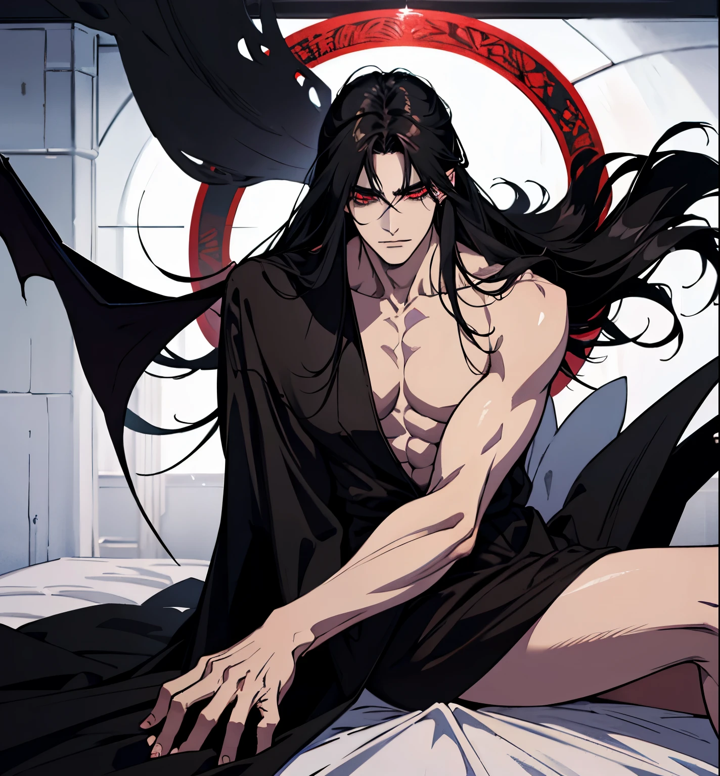 black hair, alucard, full body, 1 beautiful male god of death, detailed anime character art, male vampire of clan banu haqim, l vampire, with his long black hair, androgynous vampire, detailed 25 year old male face, ultra realistic anime, red eyes, no emotions, INTJ, intelligent, sexy, attractive, full body, tongle, no clothes, no shirt, adult content, on the bed