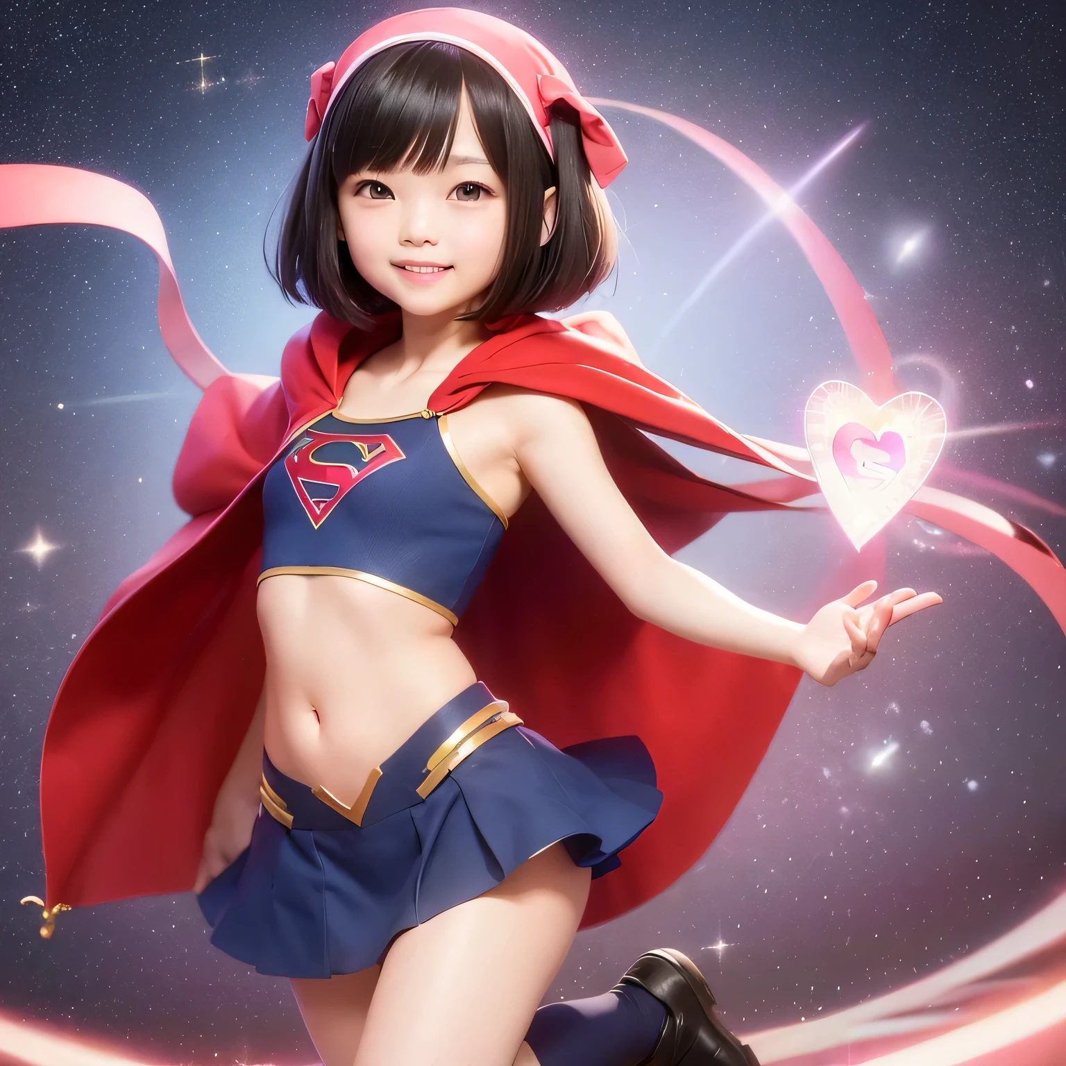 Easter piece featuring elementary school sisters wearing Supergirl clothes、highest quality、Spreading black hair、bob cut with trimmed ends、(flat chest)、con、red cloak、short sleeve、pink heart shaped particles、space background、whole body、smile、(High leg)、thin crotch、please put the condom in your mouth、lace queen costume