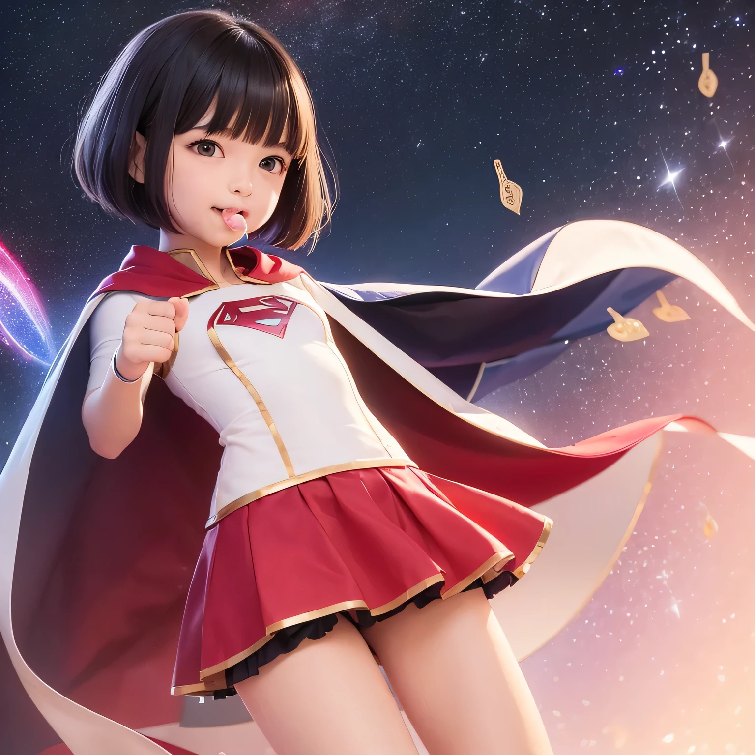 Easter piece featuring elementary school sisters wearing Supergirl clothes、highest quality、Spreading black hair、bob cut with trimmed ends、(flat chest)、con、red cloak、short sleeve、pink heart shaped particles、space background、whole body、smile、(High leg)、thin crotch、please put the condom in your mouth、lace queen costume