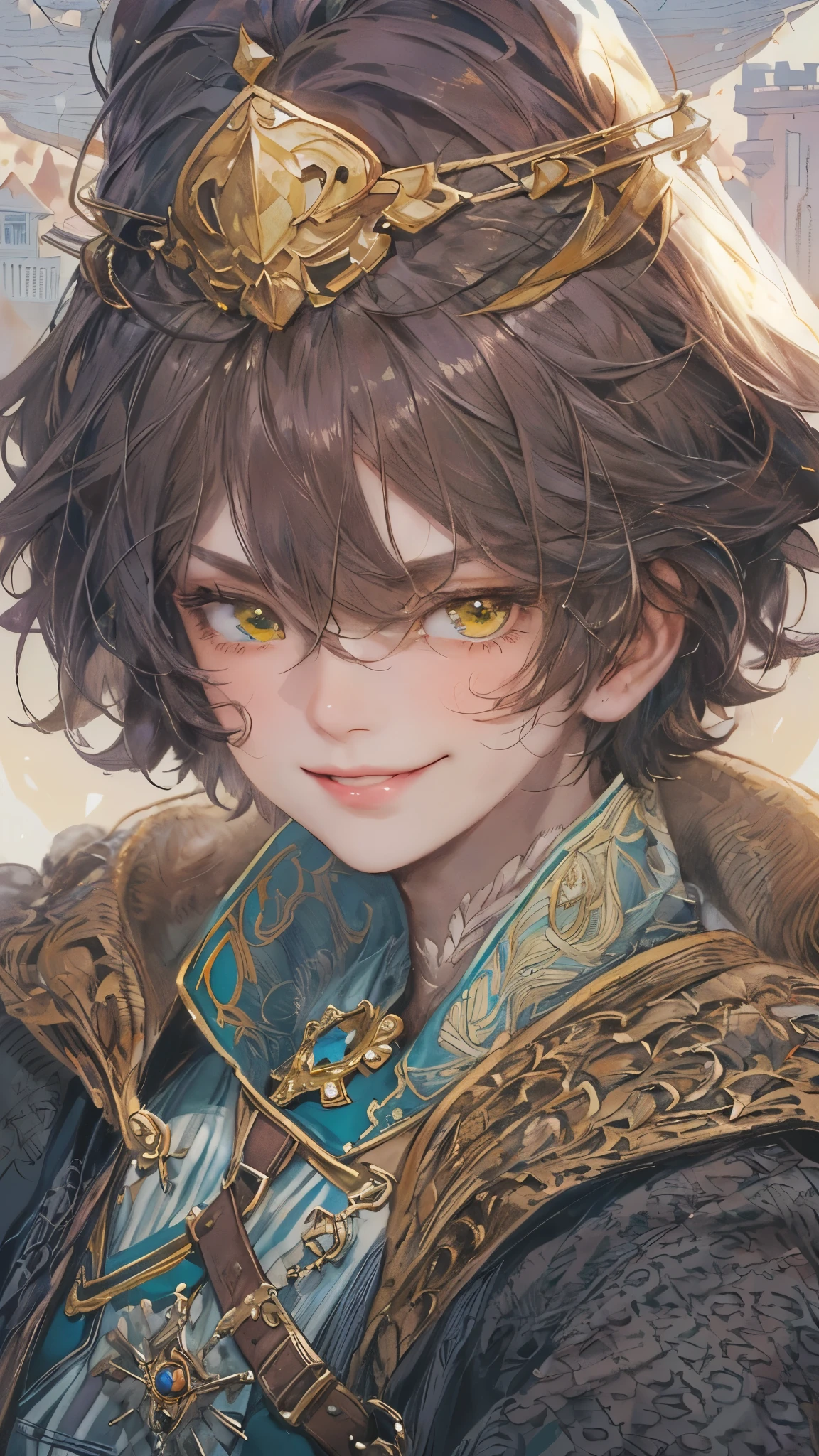 ((absurdres, highres, ultra detailed), 1 boy, young boy, handsome boy villain character from witch academia, detailed hair with detailed headgear ornaments, detailed short hair, anime eyes, bangs, detailed mage clothes with brown cape with little purple details showing, showing chest on creases, crop top, finely detailed eyes red details showing and detailed face, smirk, dimples, extremely detailed CG unity 8k wallpaper, blue details on side, intricate details yellow details on left, portrait, ruin of pink roses, market theme, showing lot of skin, from below, 1:1 , eyes on viewer, detailed houses town scenery background