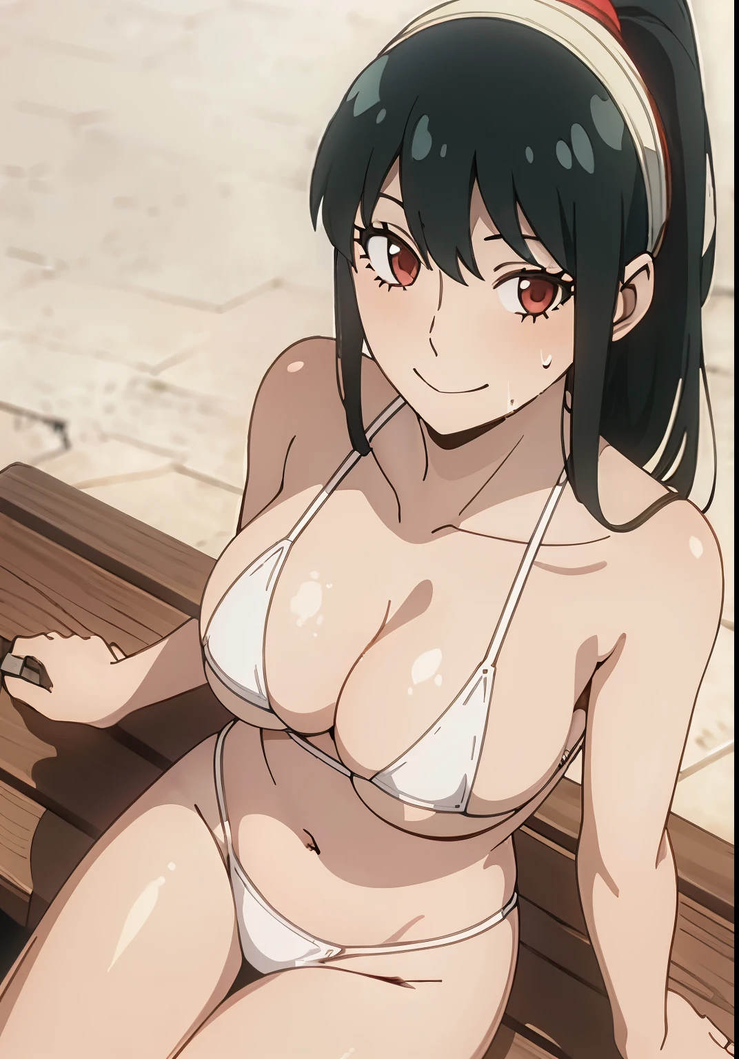 (masterpiece, best quality, high resolution, animescreencap, anime colored,), (perfect anatomy, beautiful detailed eyes, beautiful detailed body, beautiful breast, shiny skin), 1girl, black hair, side bangs, long hair, ((ponytail)) , large breasts, smiling, red eyes, anime eyes,armpits, looking at viewer, (( white bikini)), ((wet skin)),((sitting on a bench)), ((outdoors)), (( super sweaty body)), ((straw hat)), ((looking from up above)))
