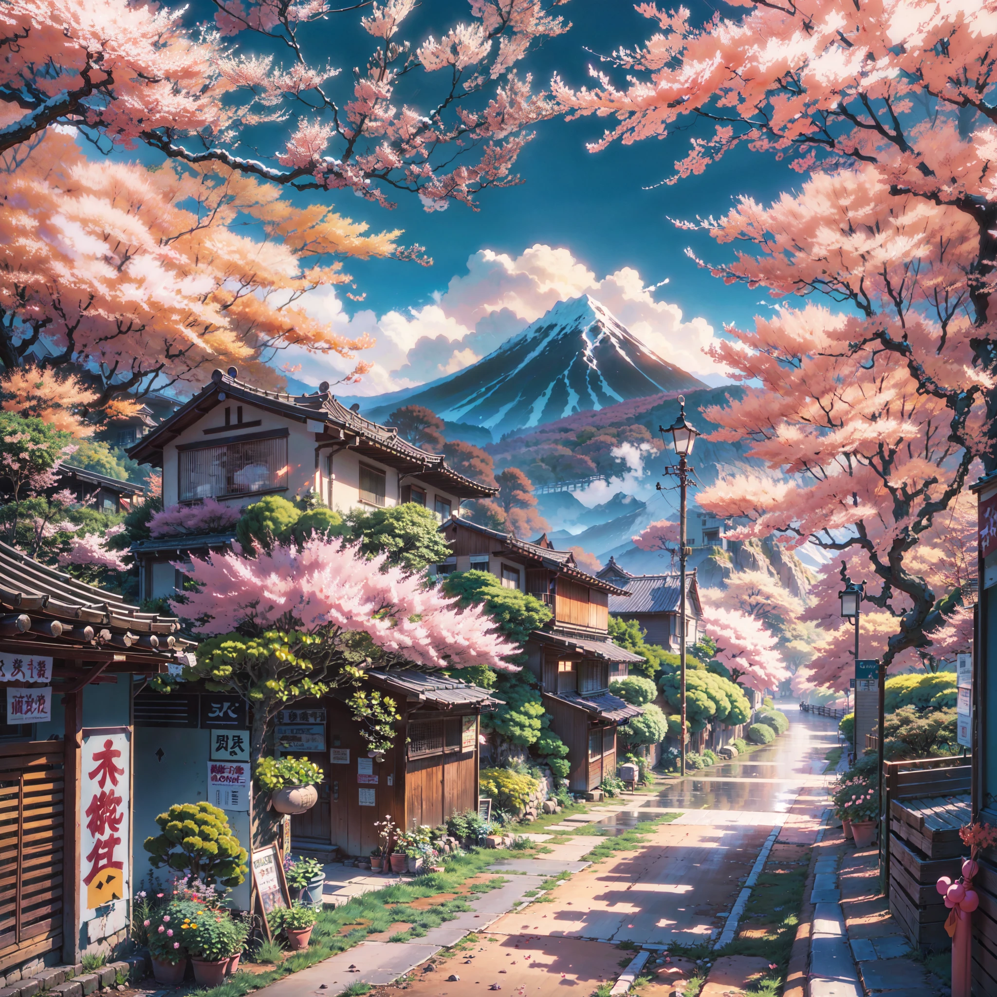 japanese street with cherry trees and a mountain in the background, beautiful anime scenery, anime art wallpaper 4k, anime art wallpaper 8 k, anime art wallpaper 4 k, beautiful anime scene, anime landscape wallpaper, anime landscape, anime wallpaper 4k, anime wallpaper 4 k, anime beautiful peace scene, anime background art, anime scenery
