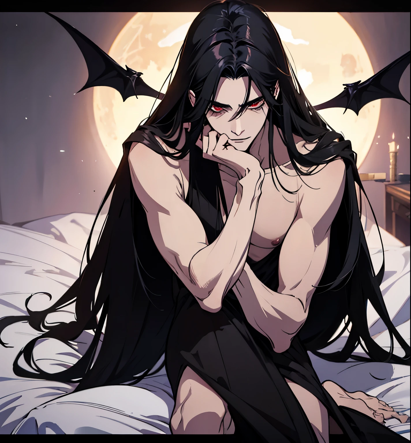 black hair, alucard, full body, 1 beautiful male god of death, detailed anime character art, male vampire of clan banu haqim, l vampire, with his long black hair, androgynous vampire, detailed 25 year old male face, ultra realistic anime, red eyes, no emotions, INTJ, intelligent, sexy, attractive, full body, tongle, no clothes, no shirt, adult content, on the bed