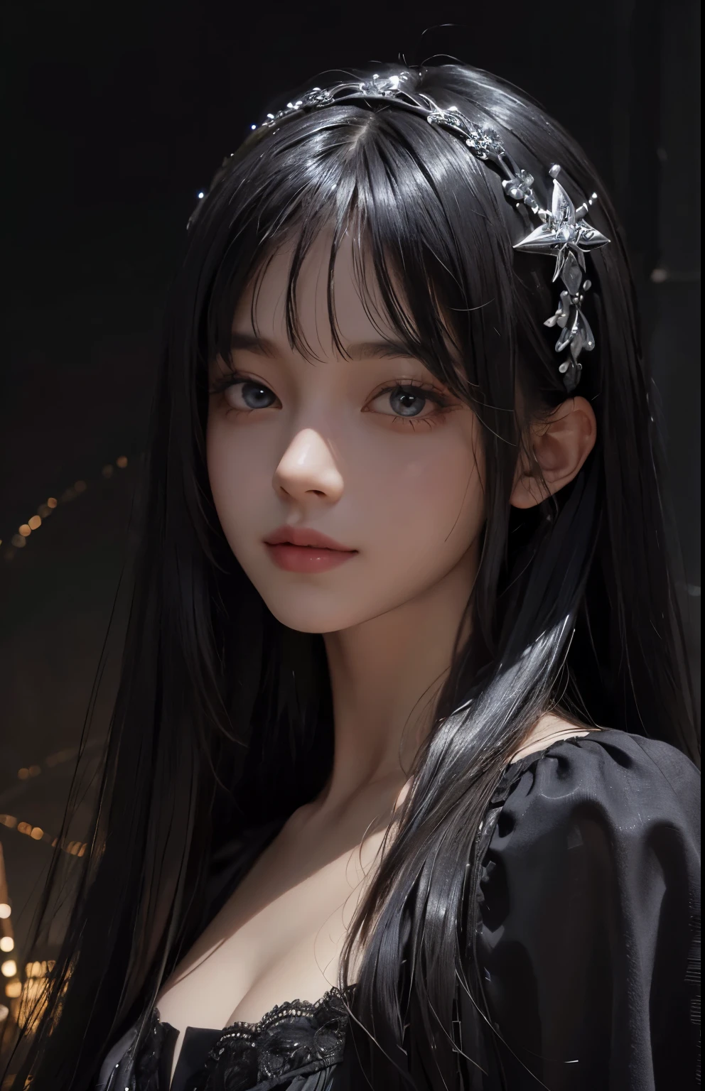 (surreal), (figure), (Improved resolution), (8k), (very detailed), (Best figure), (beautiful and detailed eyes), (highest quality), (super detailed), (masterpiece ), ( wallpaper), (detailed face), alone, 1 girl, looking at the viewer, small details, detailed face, in the dark, deep shadow, discreet key, Pure erotic face ace_v1, smile, long hair, black shawl straight hair , 46 point diagonal bangs