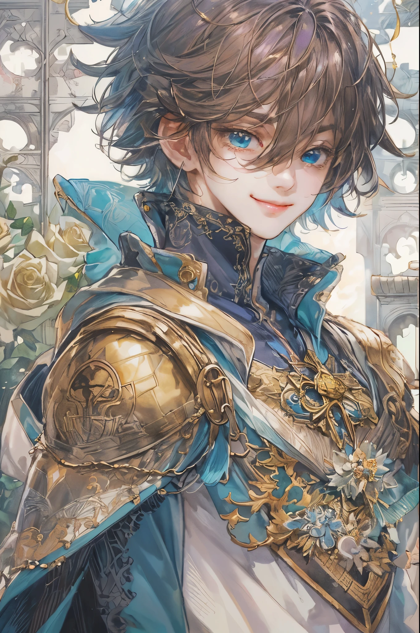 ((absurdres, highres, ultra detailed), 1 boy, young boy, handsome boy villain character from Pretty Cure, male version, detailed hair with detailed headgear ornaments, detailed short hair, anime eyes, bangs, detailed mage clothes with brown cape with little purple details showing, showing chest on creases, crop top, finely detailed eyes red details showing and detailed face, smirk, dimples, extremely detailed CG unity 8k wallpaper, blue details on side, intricate details yellow details on left, portrait, ruin of pink roses, market theme, showing lot of skin, from below, 1:1 , eyes on viewer, detailed houses town scenery background