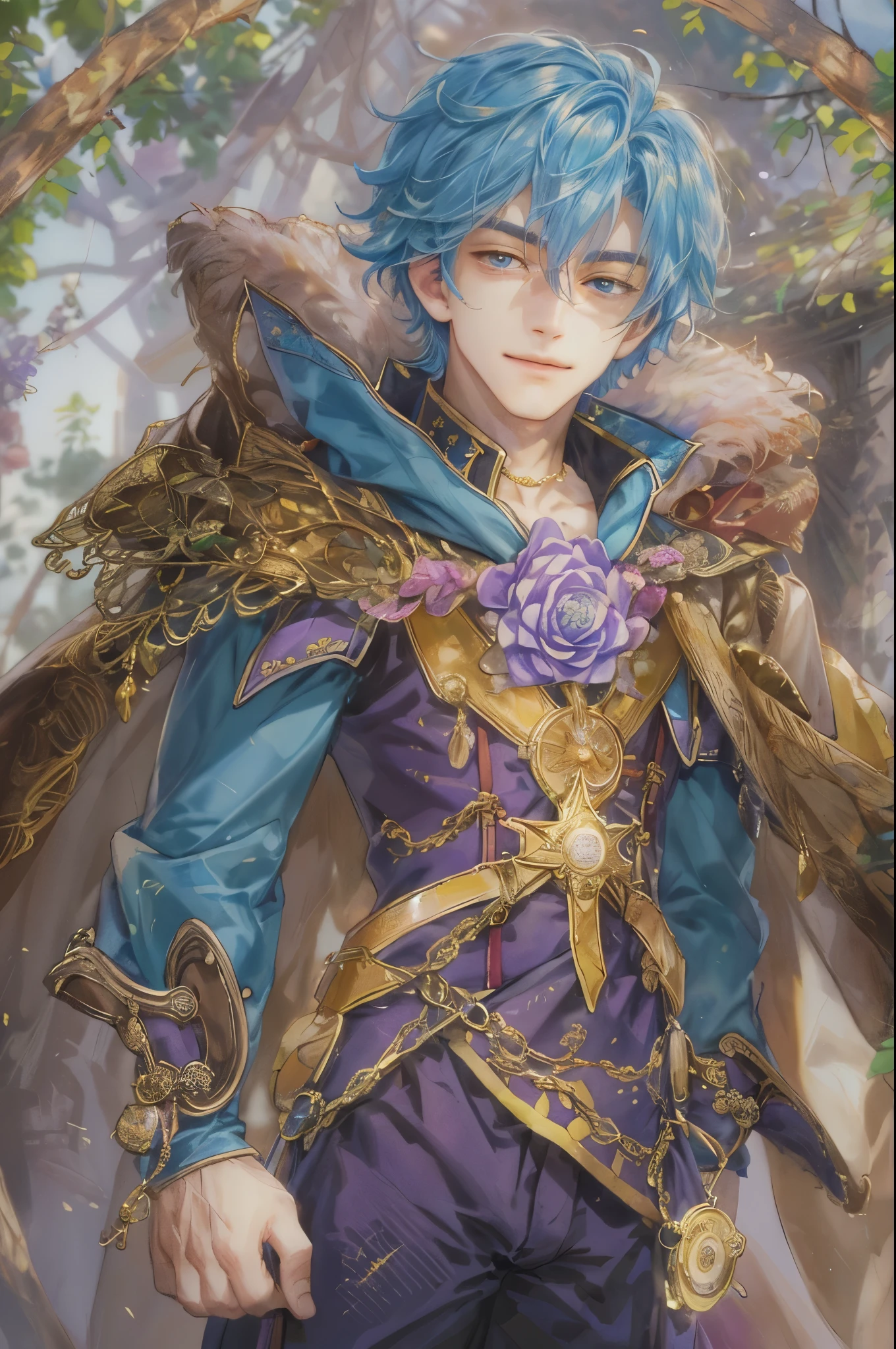 ((absurdres, highres, ultra detailed), 1 boy, young boy, handsome boy villain character from Pretty Cure, male version, detailed hair with detailed headgear ornaments, detailed short hair, anime eyes, bangs, detailed mage clothes with brown cape with little purple details showing, showing chest on creases, crop top, finely detailed eyes red details showing and detailed face, smirk, dimples, extremely detailed CG unity 8k wallpaper, blue details on side, intricate details yellow details on left, portrait, ruin of pink roses, market theme, showing lot of skin, from below, 1:1 , eyes on viewer, detailed houses town scenery background