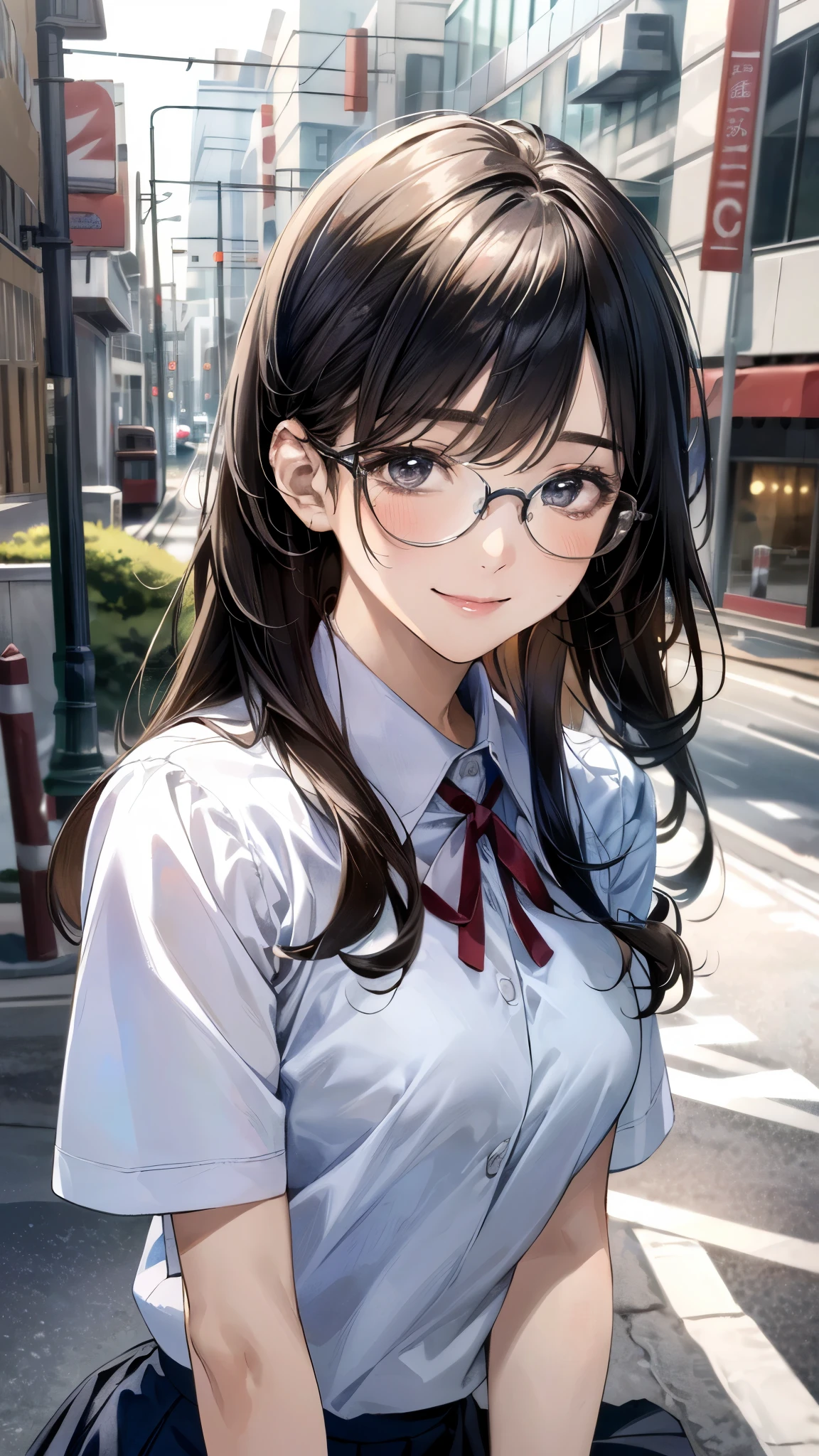 (masterpiece:1.2, top-quality, ultra high res, ultra detailed), (realistic, photorealistic:1.4), beautiful illustration, (natural side lighting, movie lighting), 
looking at viewer, (face focus, upper body), 1 girl, japanese, high school dirl, perfect face, (perfect anatomy), cute and symmetrical face, , shiny skin, slender
(long hair:1.5, straight hair:1.2, sark brown hair), hair pulled back, grey eyes, long eye lasher, (medium breasts), 
beautiful hair, beautiful face, beautiful detailed eyes, beautiful clavicle, beautiful body, beautiful chest, beautiful thigh, beautiful legs, 
((detailed cloth texture, short sleeve white collared shirts, navy blue pleated mini skirt, red neck ribbon), black-rimmed glasses), , 
(beautiful scenery), evening, IvoryGoldAI, (outdoors, cityscape in the distance), (lovely smile, upper eyes), 