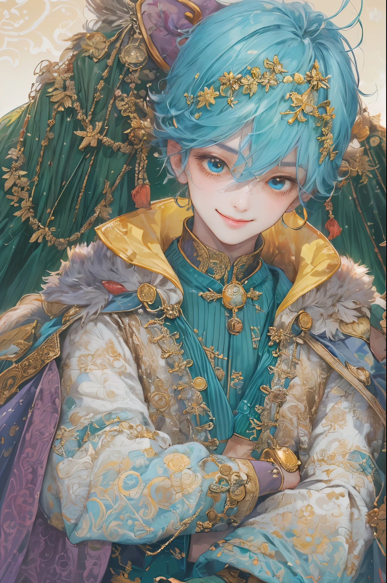 ((absurdres, highres, ultra detailed), 1 boy, young boy, handsome boy villain character from Pretty Cure, male version, detailed hair with detailed headgear ornaments, detailed short hair, anime eyes, bangs, detailed mage clothes with brown cape with little purple details showing, showing chest on creases, crop top, finely detailed eyes red details showing and detailed face, smirk, dimples, extremely detailed CG unity 8k wallpaper, blue details on side, intricate details yellow details on left, portrait, ruin of pink roses, market theme, showing lot of skin, from below, 1:1 , eyes on viewer, detailed houses town scenery background