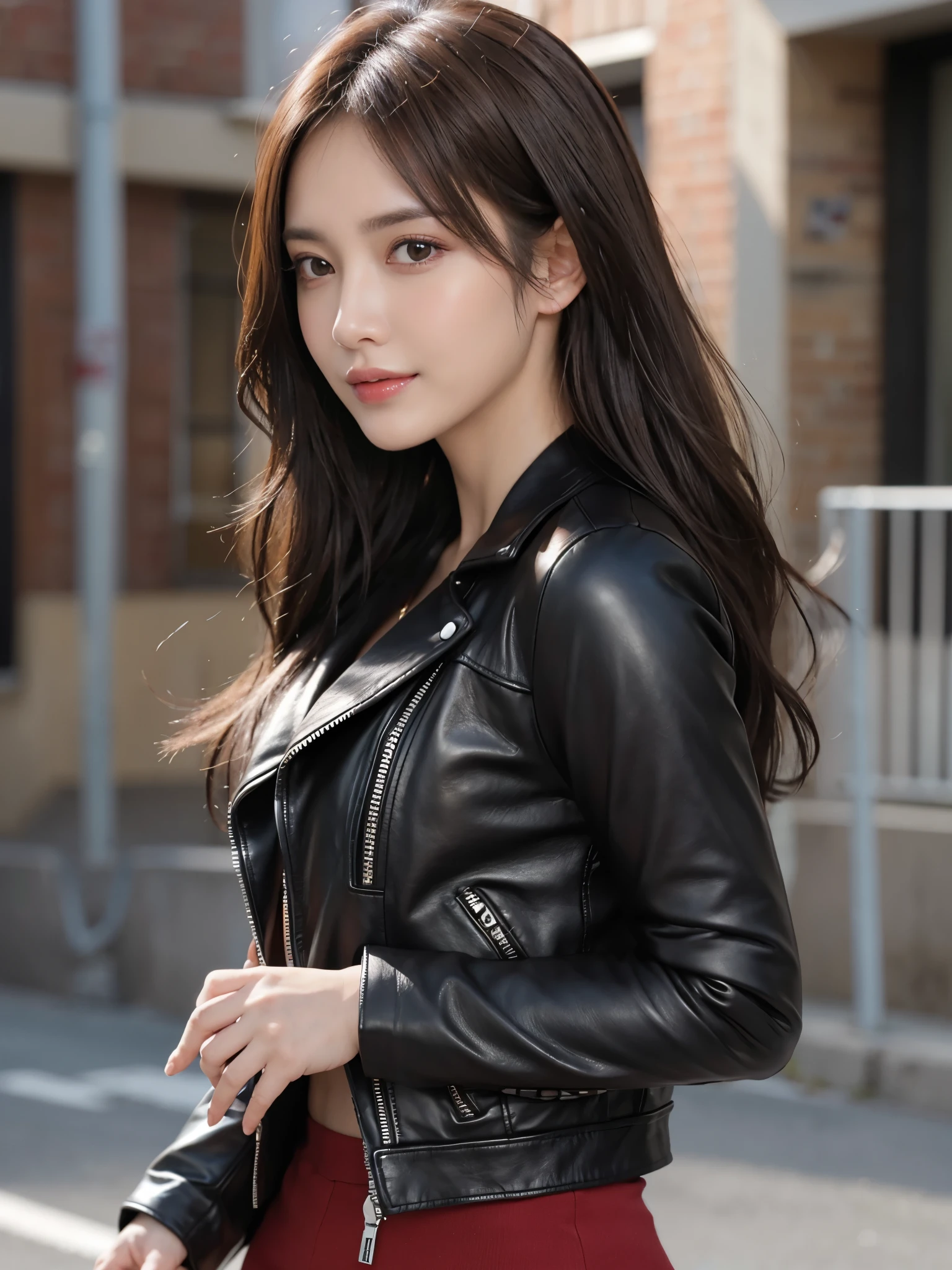 masutepiece, Best Quality, Photorealistic, Ultra-detailed, finely detail, High resolution, 8K Wallpaper, 1 beautiful woman,, light brown messy hair, in a long black leather jacket,holding a pistol on her hand,sharp focus, Perfect dynamic composition, Beautiful detailed red eyes, detailed hairs, Detailed realistic skin texture, Smiling, Model body type,standing on a street,punching style