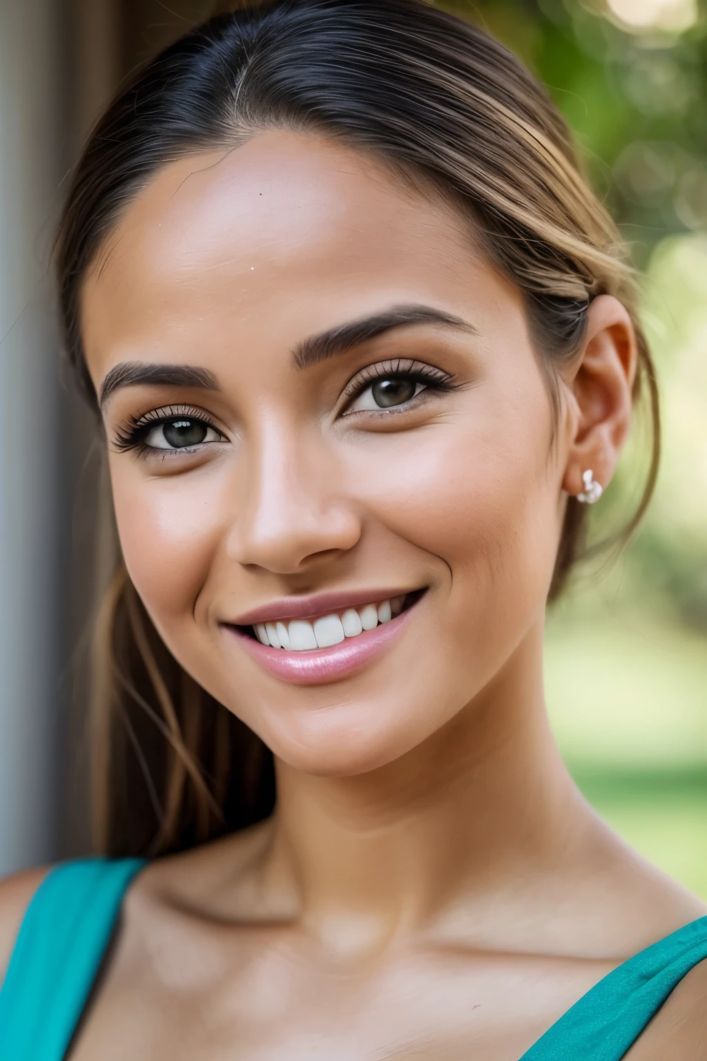 RAW photo in sequence, uma imagem de uma  bela com olhos castanhos e cabelos pretos compridos, ((selfie completa, sorrindo)), vestindo um vestido branco elegante, production photoset, rosto detalhado, planos de fundo detalhados pouco desfocados, natural lighting, HDR, imagem realista, imagem profissional, flertando com o espectador, visual bonito, imagem fotorrealista, Linda, pele natural, 8k UHD, alta qualidade, filmic grain, Fujifilm XT3