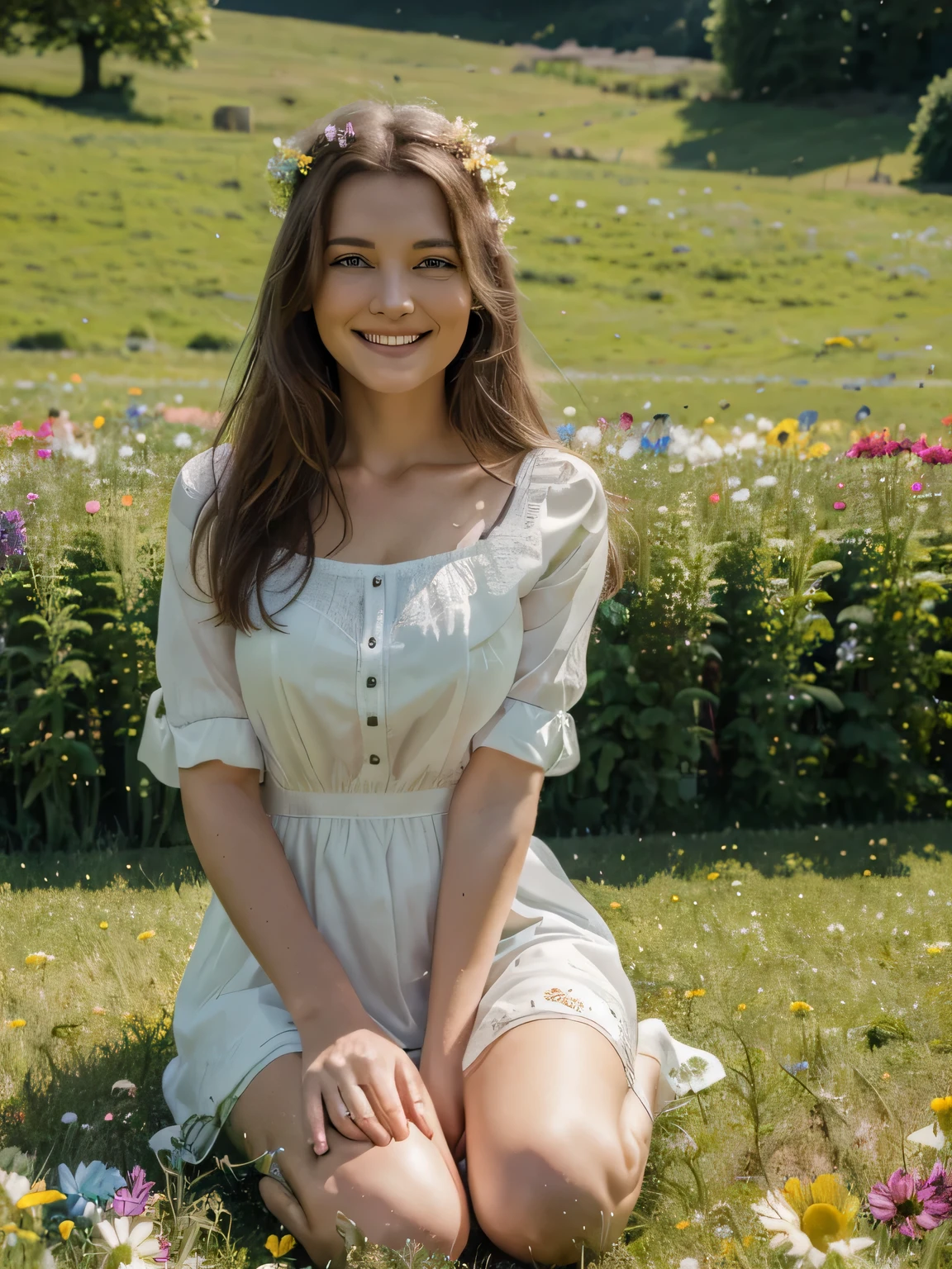 (best quality,highres,ultradetailliert:1.2), hdr, Beautiful girl, Lively atmosphere, Green meadow, atemberaubenden Blick, Blumen, Frohe Ostern, freudiger Ausdruck, Langes, wallende Haare, Ostereier, Lachen und Lachen, unbeschwerte Momente