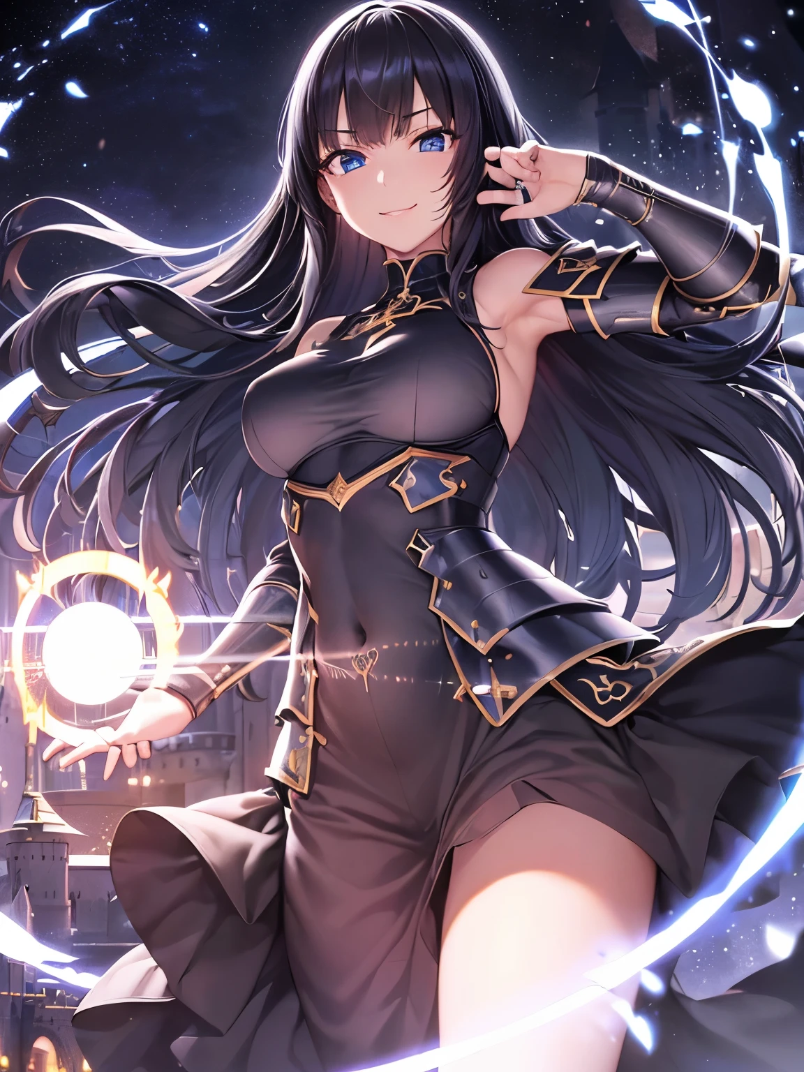 ((masutepiece, Best Quality)), ((hight resolution)), (photos realistic), Best Shadow, high detailing, Very detailed, (nice hand, Perfect hands), (Face Focus:1.2), ((1girl)), Beautiful Girl, 25 years old, (black long Hair:1.5), (normal breasts:1.3), (view from front), (Very slender:1.3), (Cute face:1.3), (look at viewer:1.4), detailed facial features,droopy eyes, Crisp focus, perfect beautiful body and face, Perfectly focused, Long bangs, (in the castle:1.4), (enchanting smile:1.5), ((fantasy)), (blue eyes), ((black armorr:1.5)), standing, ((magic wand:1.3)), crescent moon, (magic circle:1.3), ice, snow, aurora