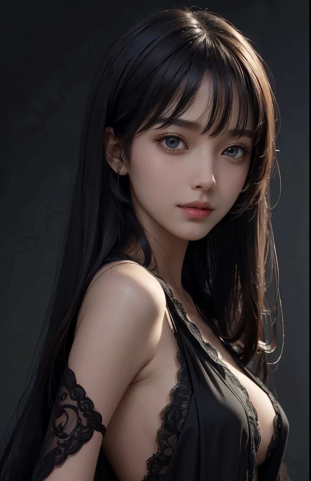 (surreal), (figure), (Improved resolution), (8k), (very detailed), (Best figure), (beautiful and detailed eyes), (highest quality), (super detailed), (masterpiece ), ( wallpaper), (detailed face), alone, 1 girl, looking at the viewer, small details, detailed face, in the dark, deep shadow, discreet key, Pure erotic face ace_v1, smile, long hair, black shawl straight hair , 46 point diagonal bangs