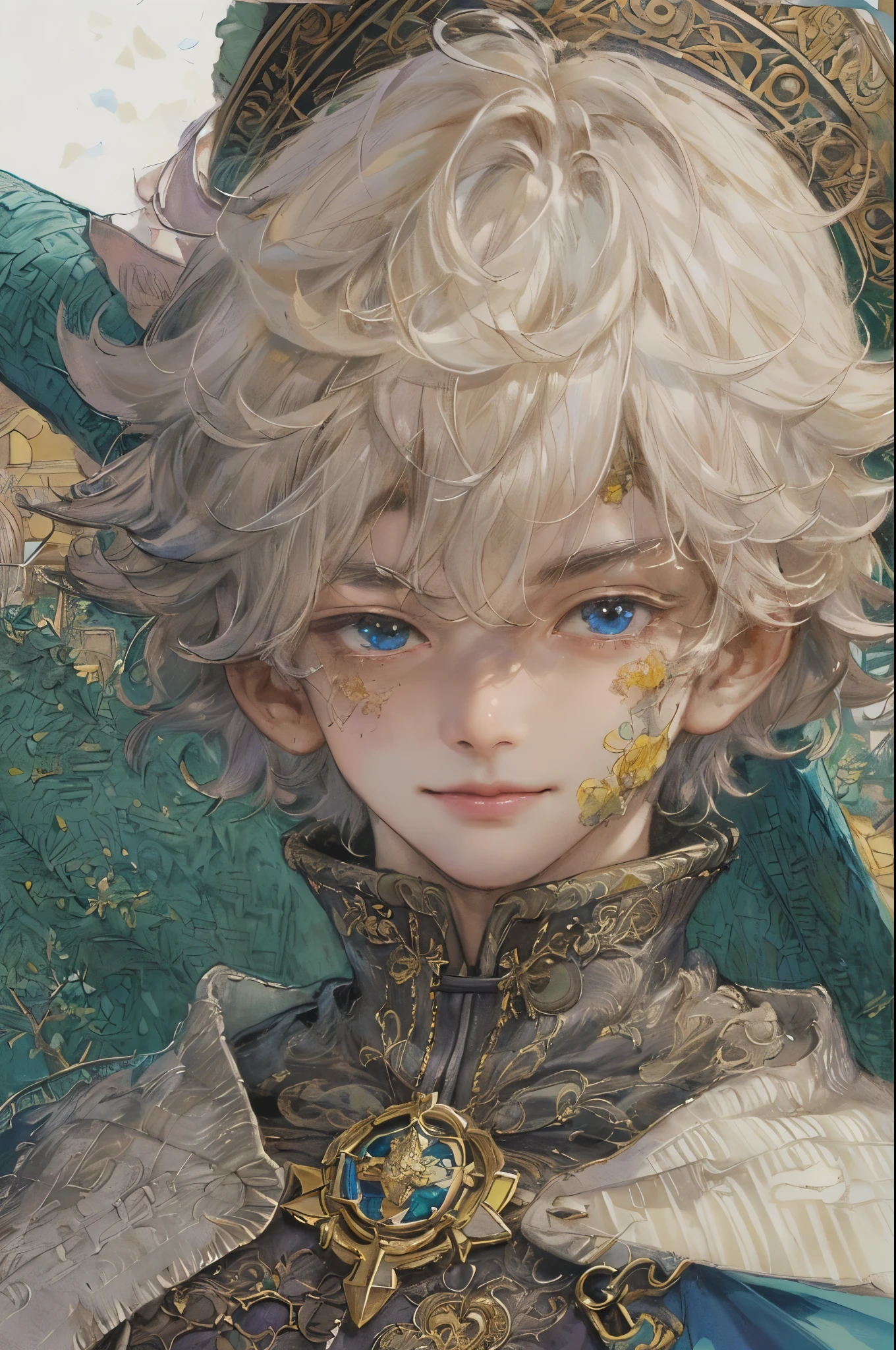 ((absurdres, highres, ultra detailed), 1 boy, young boy, handsome boy villain character from witch academia, detailed hair with detailed headgear ornaments, detailed short hair, anime eyes, bangs, detailed mage clothes with brown cape with little purple details showing, showing chest on creases, crop top, finely detailed eyes red details showing and detailed face, smirk, dimples, extremely detailed CG unity 8k wallpaper, blue details on side, intricate details yellow details on left, portrait, ruin of pink roses, market theme, showing lot of skin, from below, 1:1 , eyes on viewer, detailed houses town scenery background