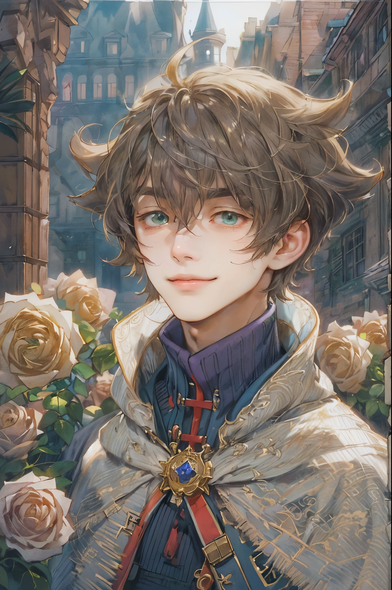 ((absurdres, highres, ultra detailed), 1 boy, young boy, handsome boy villain character from witch academia, detailed hair with detailed headgear ornaments, detailed short hair, anime eyes, bangs, detailed mage clothes with brown cape with little purple details showing, showing chest on creases, crop top, finely detailed eyes red details showing and detailed face, smirk, dimples, extremely detailed CG unity 8k wallpaper, blue details on side, intricate details yellow details on left, portrait, ruin of pink roses, market theme, showing lot of skin, from below, 1:1 , eyes on viewer, detailed houses town scenery background