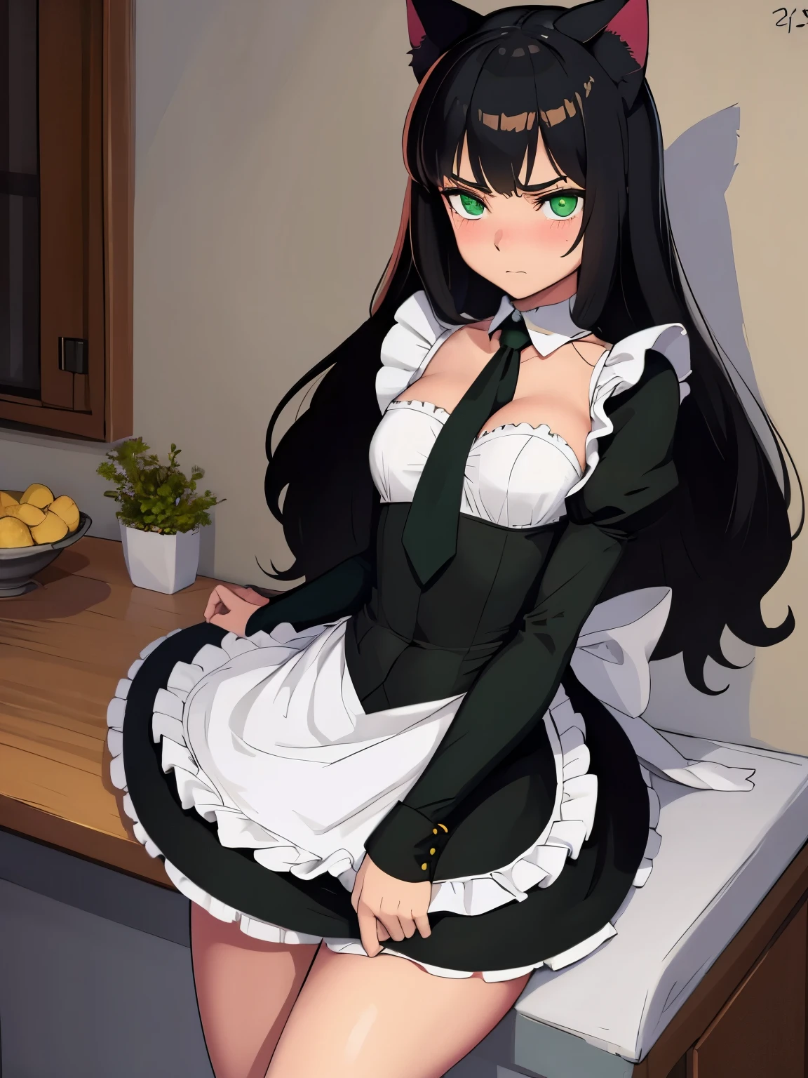 (masterpiece, best quality:1.2), aka6, 1girl, solo, mediumt hair, black hair, green eyes, cat eyes, slim body,, blush, closed mouth, small breasts, maid outfit, nekomimi, catgirl