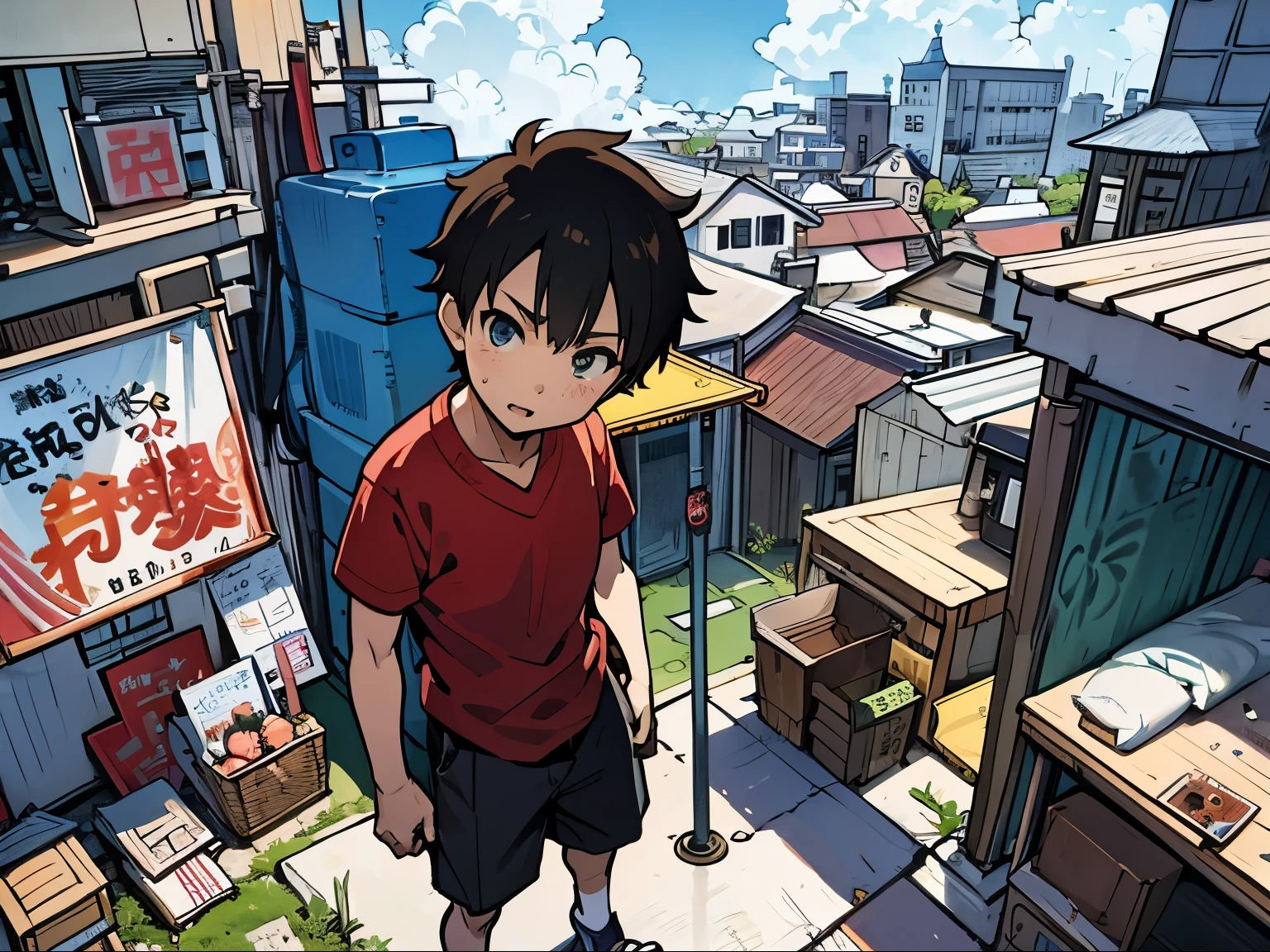 chico anime parado en una repisa mirando hacia la ciudad, retrato gran angular de astroboy, Akira's art style, tipo, epic anime style, Makoto Shinkai Cyril Rolando, akehiko inoue y ross tran, Paleta de colores Akira, estilo anime realista 3d, arte oficial, estilo anime mezclado con fujifilm, epic anime shot in 8k high definition