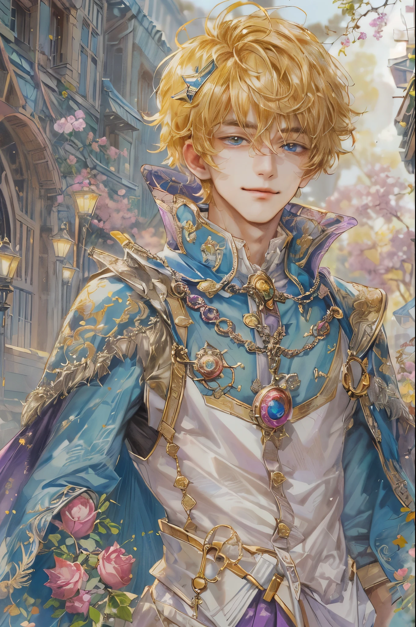 ((absurdres, highres, ultra detailed), 1 boy, young boy, handsome boy villain character from Pretty Cure, male version, detailed hair with detailed headgear ornaments, detailed short hair, anime eyes, bangs, detailed mage clothes with brown cape with little purple details showing, showing chest on creases, crop top, finely detailed eyes red details showing and detailed face, smirk, dimples, extremely detailed CG unity 8k wallpaper, blue details on side, intricate details yellow details on left, portrait, ruin of pink roses, market theme, showing lot of skin, from below, 1:1 , eyes on viewer, detailed houses town scenery background