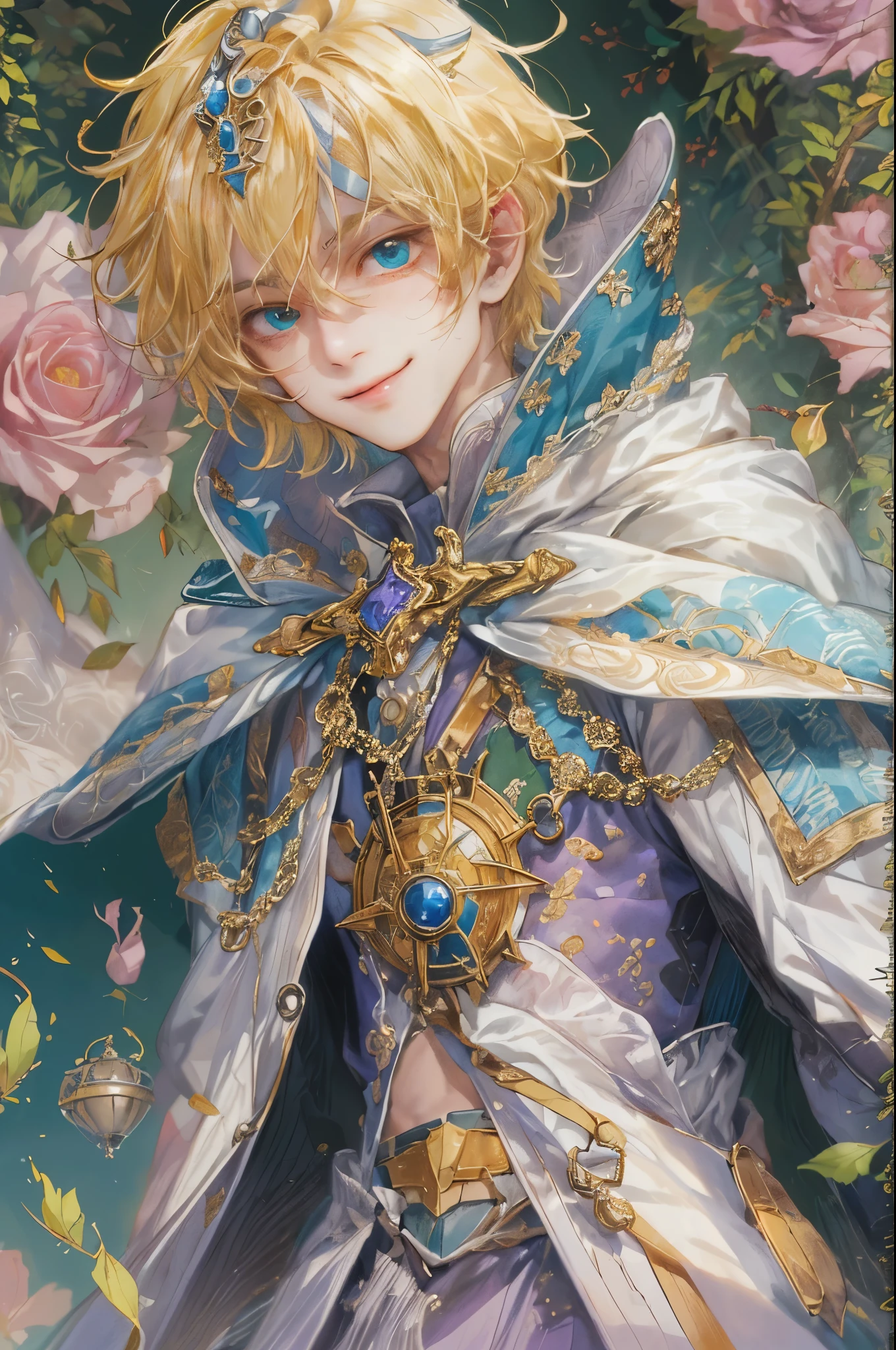 ((absurdres, highres, ultra detailed), 1 boy, young boy, handsome boy villain character from Pretty Cure, male version, detailed hair with detailed headgear ornaments, detailed short hair, anime eyes, bangs, detailed mage clothes with brown cape with little purple details showing, showing chest on creases, crop top, finely detailed eyes red details showing and detailed face, smirk, dimples, extremely detailed CG unity 8k wallpaper, blue details on side, intricate details yellow details on left, portrait, ruin of pink roses, market theme, showing lot of skin, from below, 1:1 , eyes on viewer, detailed houses town scenery background