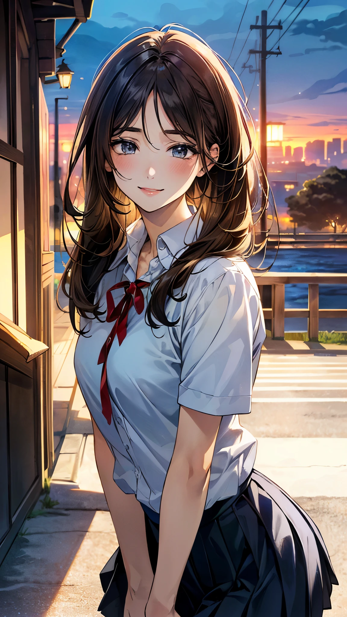 (masterpiece:1.2, top-quality, ultra high res, ultra detailed), (realistic, photorealistic:1.4), beautiful illustration, (natural side lighting, movie lighting),
looking at viewer, (face focus, upper body), 1 girl, japanese, high school dirl, perfect face, (perfect anatomy), cute and symmetrical face, , shiny skin, slender
(long hair:1.5, straight hair:1.2, sark brown hair), parted bangs, grey eyes, long eye lasher, (medium breasts),
beautiful hair, beautiful face, beautiful detailed eyes, beautiful clavicle, beautiful body, beautiful chest, beautiful thigh, beautiful legs,
((detailed cloth texture, short sleeve white collared shirts, navy blue pleated mini skirt, red neck ribbon), , ,
(beautiful scenery), evening, IvoryGoldAI, (outdoors, cityscape in the distance), hand on own chin, (lovely smile, upper eyes),