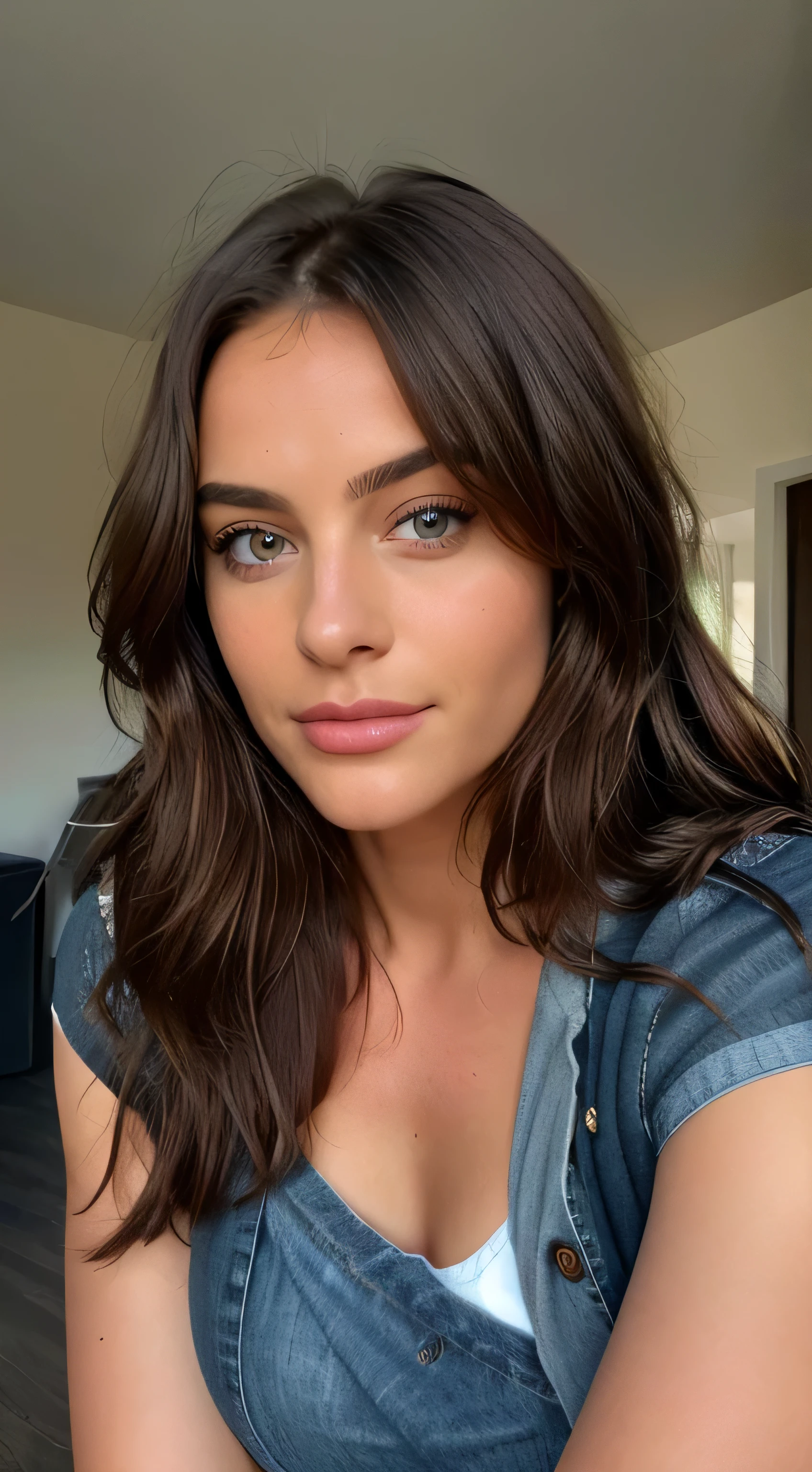 Full body Beautiful brunette with blonde highlights wearing a Black t-shirt , jeans (in a room ), highly detailed, 22 years old, , , innocent face, natural wavy hair, blue eyes, high resolution, Masterpiece, Best quality, Intricate high detail, Highly detailed, Sharp focus, Detailed skin, realistic skin texture, texture, detailed eyes, professional, 4k, charming smile, shot on Canon, 85mm, shallow depth of field, Kodak Vision Color, Perfect Fit Body , extremely detailed, photography_\(ultra\), Photorealistic, Realistic, Post-processing, maximum details, roughness, real life, ultra realistic, Photorealism, photography, 8k UHD, photography, busty