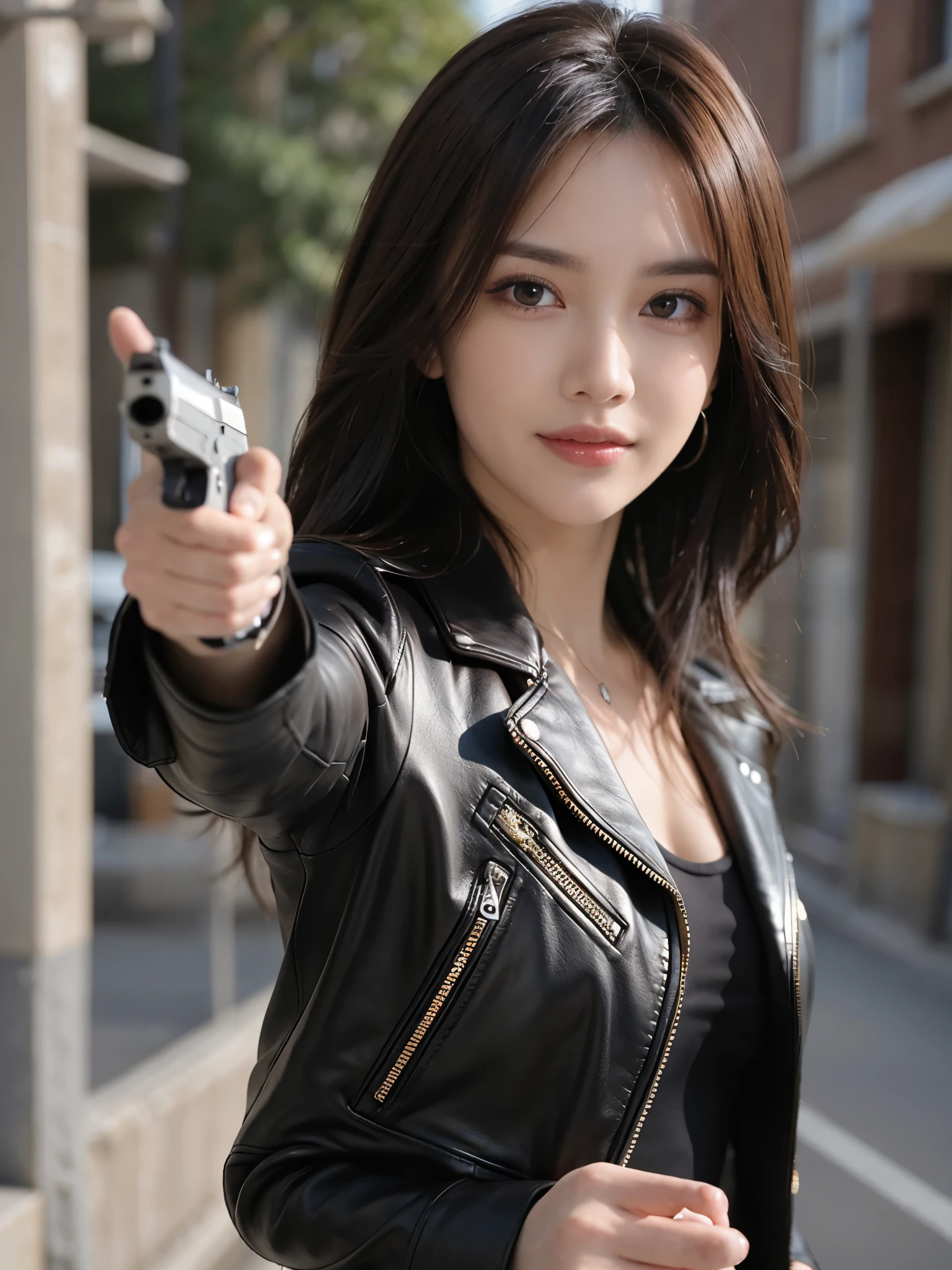 masutepiece, Best Quality, Photorealistic, Ultra-detailed, finely detail, High resolution, 8K Wallpaper, 1 beautiful woman,, light brown messy hair, in a long black leather jacket,holding a pistol on her hand,sharp focus, Perfect dynamic composition, Beautiful detailed red eyes, detailed hairs, Detailed realistic skin texture, Smiling, Model body type,standing on a street,punching style