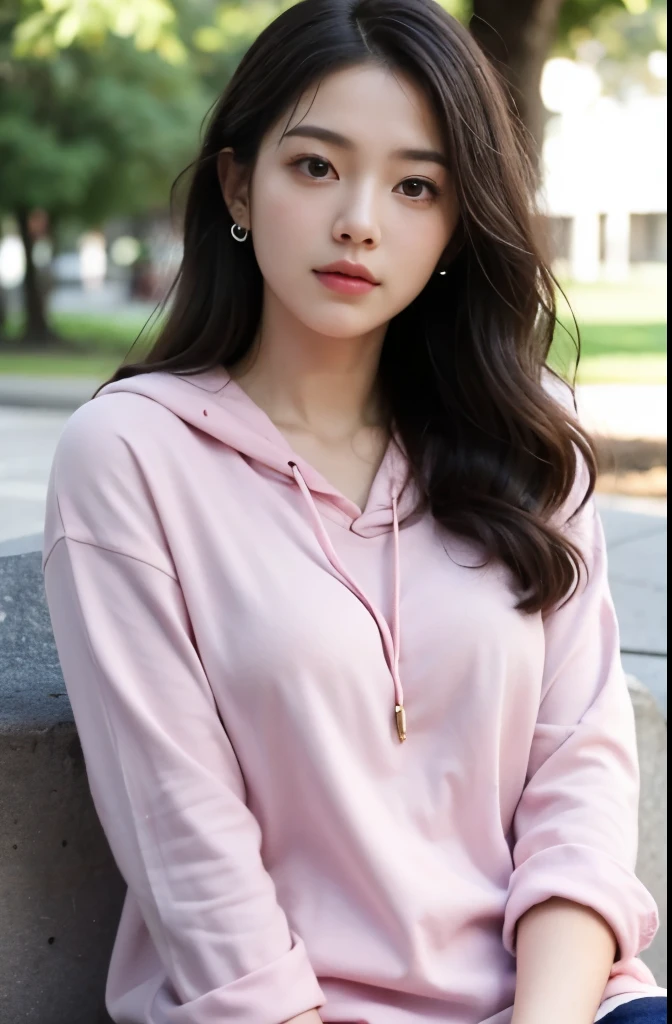 1girl, beautiful, wavy hair, almond eyes, no make up, pink hoodie, sitting in park,evening time(from below:1.2), (photorealistic:1.2), (ultra realistic:1.3), (very detailed:1.1), ((masterpiece)),sexy,detailed